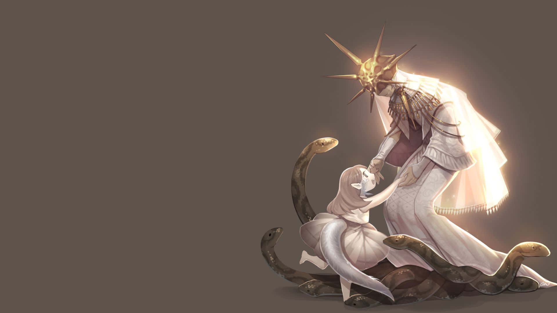 Dark Sun Gwyndolin 桌布 壁紙 — 一個閃耀的盔甲人物戴著尖刺王冠，跪在一個小孩旁邊，蛇形生物纏繞在他們周圍，背景是柔和的棕色。
