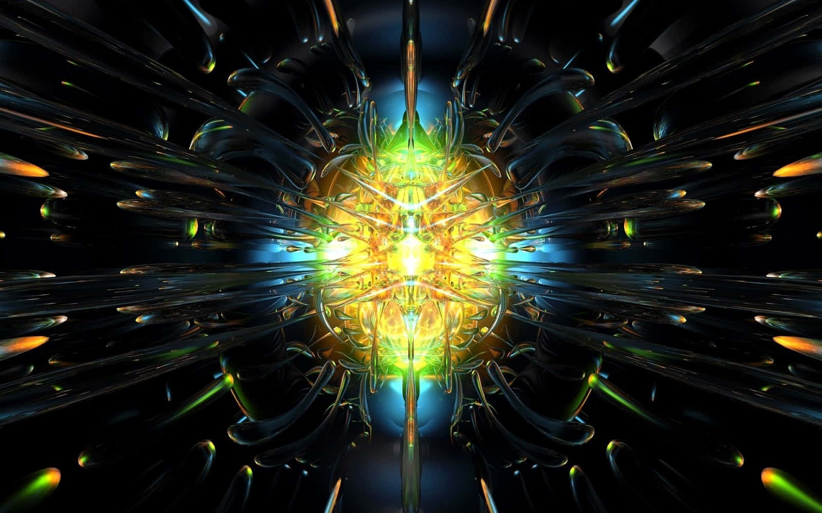 3d Abstract 桌布 壁紙 — 一個閃耀的金色和綠色分形核心在黑色虛空中對稱脈動，周圍環繞著深色玻璃狀卷鬚。