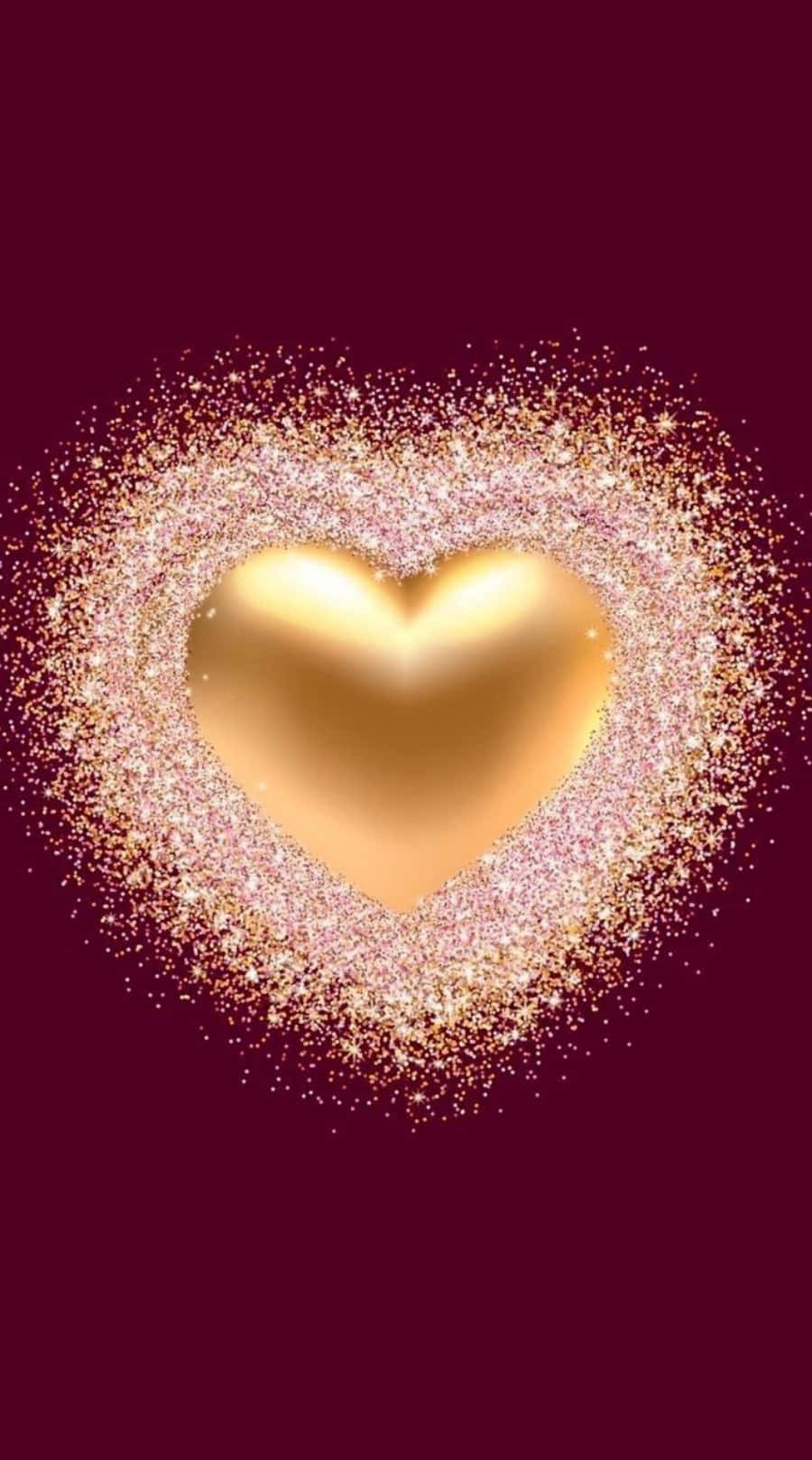 Heart Shape 桌布 壁紙 — 一個閃耀的金色心形，被閃爍的亮片環繞，背景為深酒紅色。
