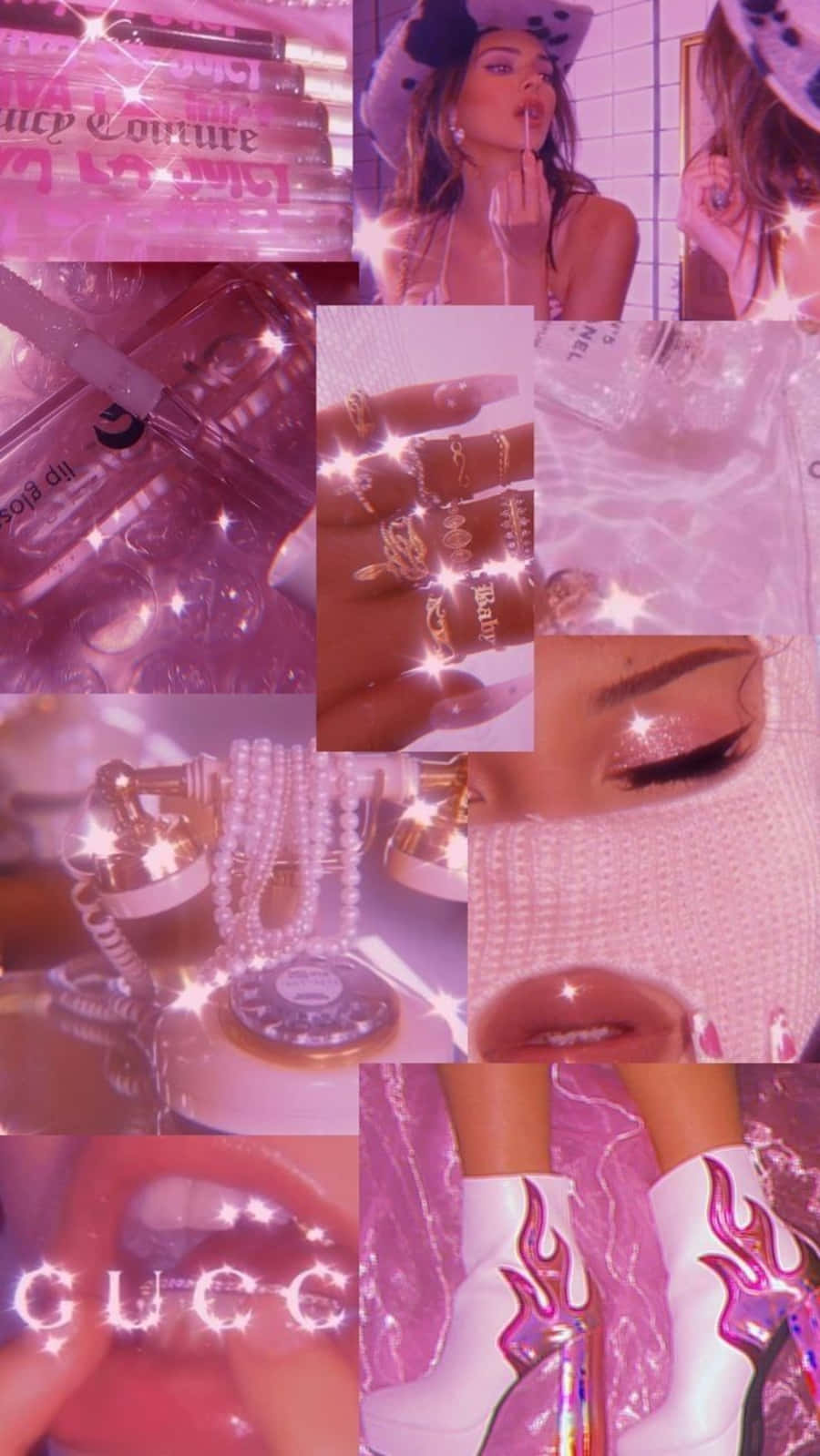 Baddie Vintage 90's Aesthetic 桌布 壁紙 — 一個閃閃發光的粉紅色拼貼畫，包含奢華美容產品、時尚配飾和迷人特寫，沐浴在閃爍的光芒中。