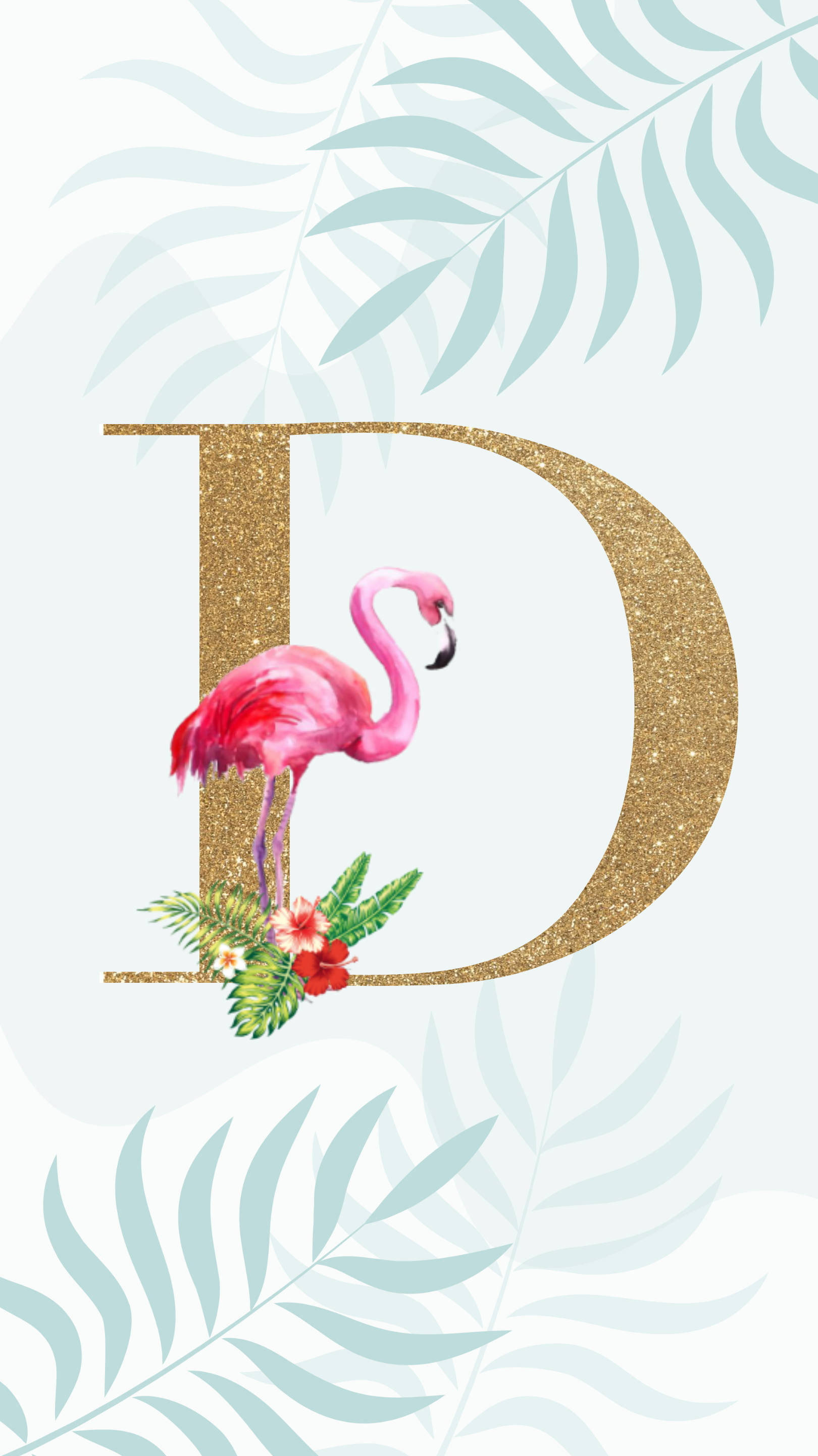 火烈鳥 桌布 壁紙 — 一個閃閃發光的金色字母D喺淺藍色背景上，喺熱帶樹葉同花朵之間托住一隻粉紅色火烈鳥。