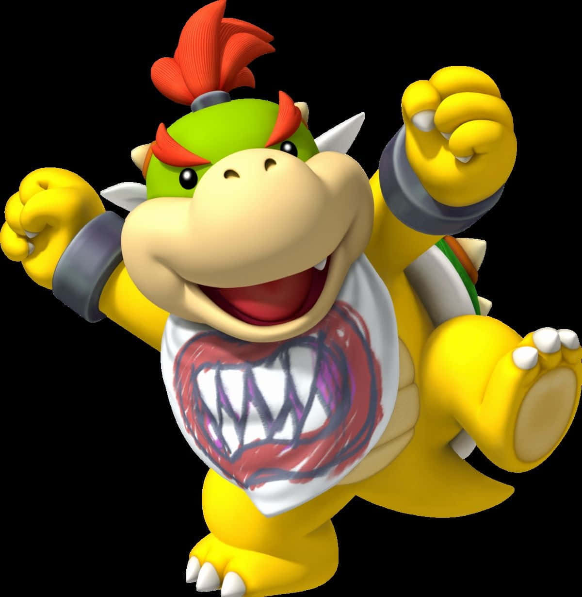 Bowser Jr 桌布 壁紙 — 一個開心嘅3D渲染庫巴Jr.，紅色莫西干頭同白色圍兜有紅色牙齒圖案，喺黑色背景前舉起拳頭。