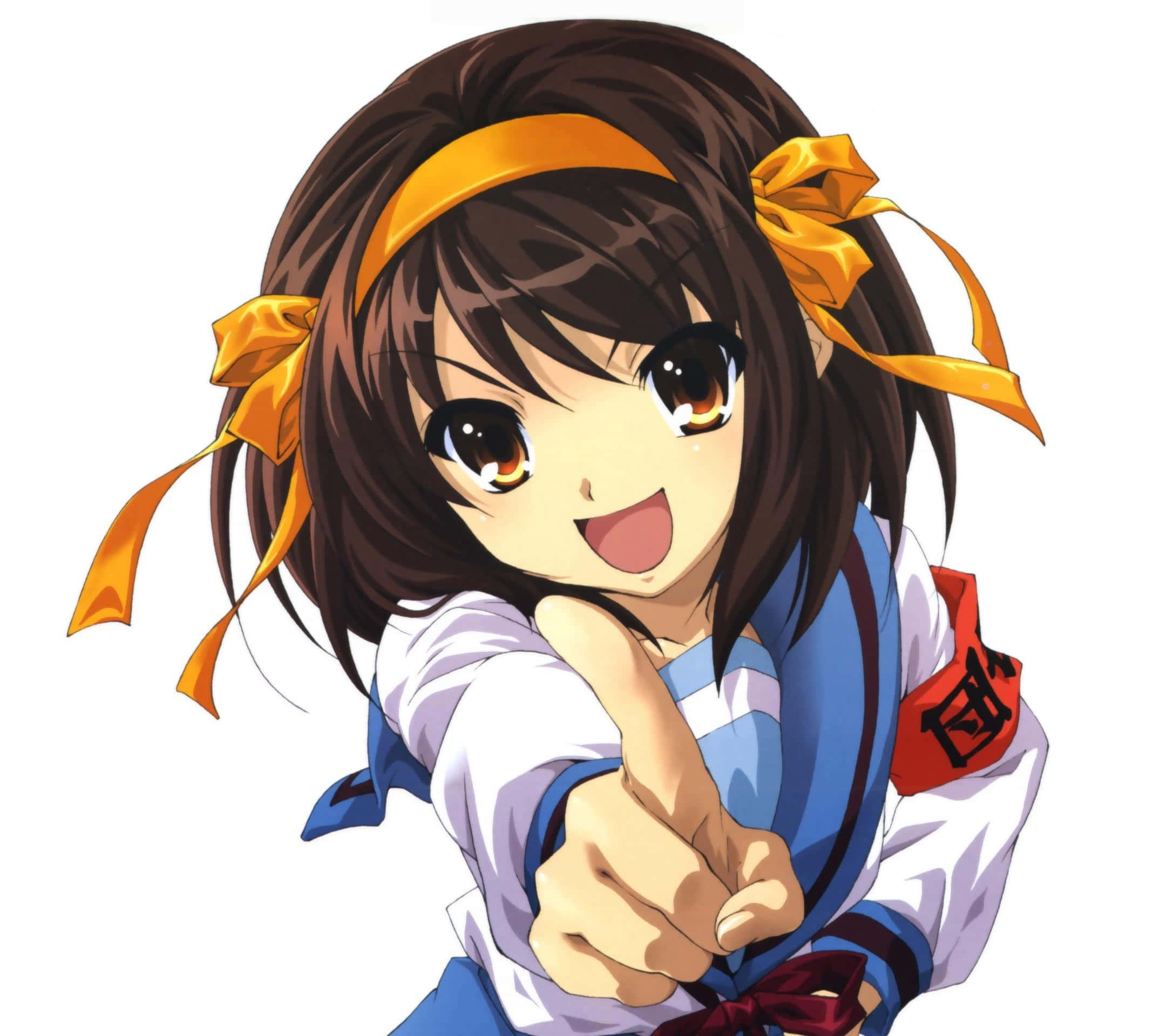 The Melancholy Of Haruhi Suzumiya 桌布 壁紙 — 一個開心嘅動漫女仔，啡色頭髮，橙色蝴蝶結，直接指向觀眾，笑容燦爛。
