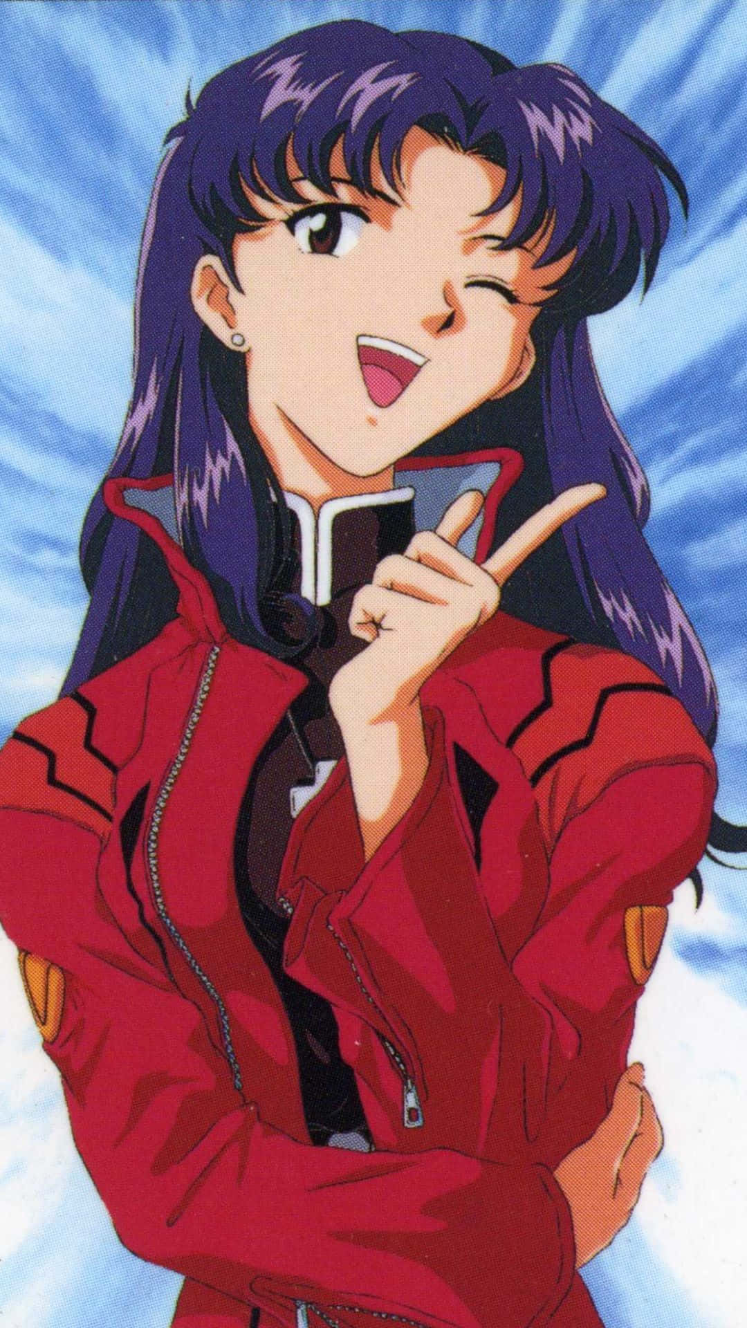Misato Katsuragi 桌布 壁紙 — 一個開心嘅動漫女仔，紫色頭髮，眨吓眼又指住，着住紅色外套，背景係藍天。