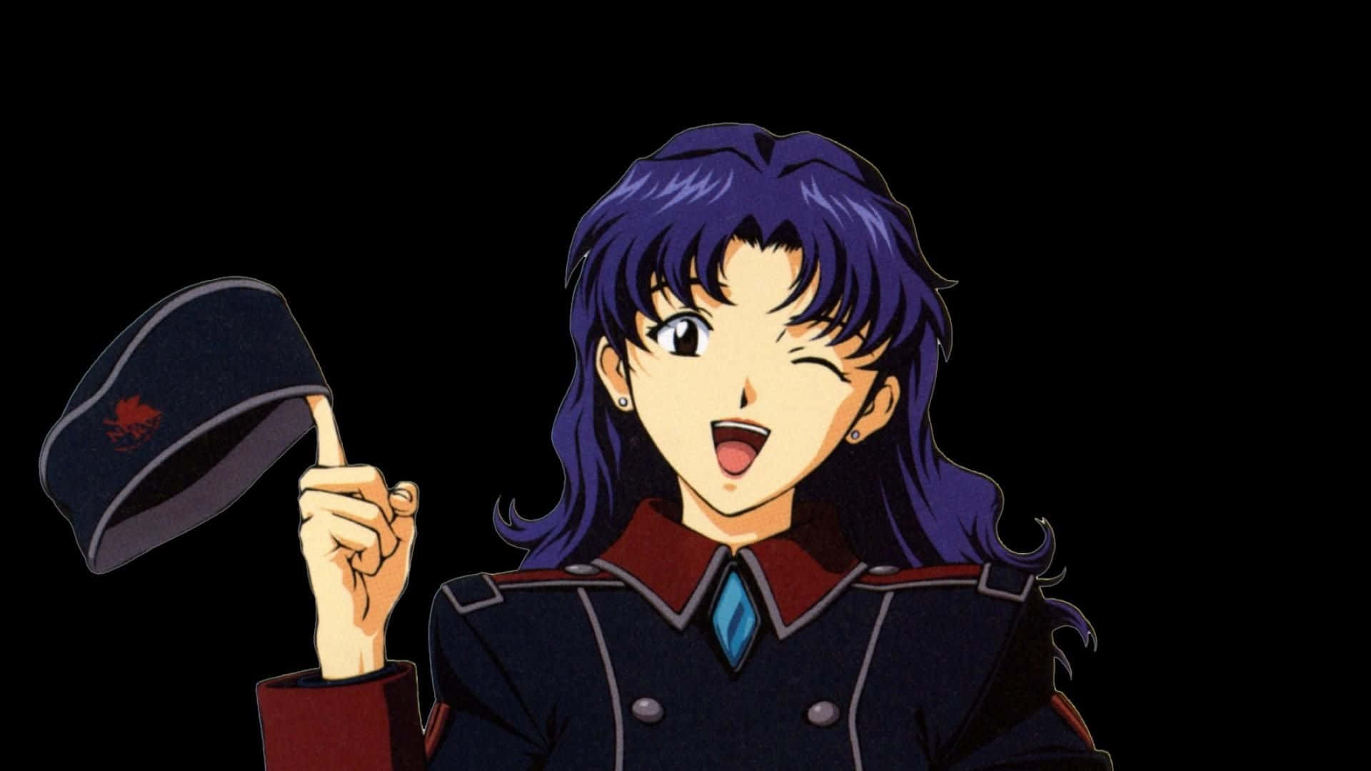 Misato Katsuragi 桌布 壁紙 — 一個開心嘅動漫女仔有紫色頭髮，喺黑色背景前眨眼同時傾斜佢嘅帽。