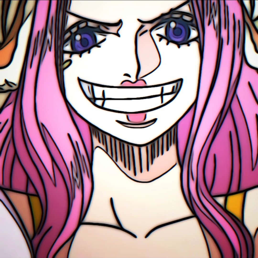 Jewelry Bonney 桌布 壁紙 — 一個開心嘅動漫女仔特寫，長長嘅粉紅色頭髮同紫色眼睛，咧嘴大笑。