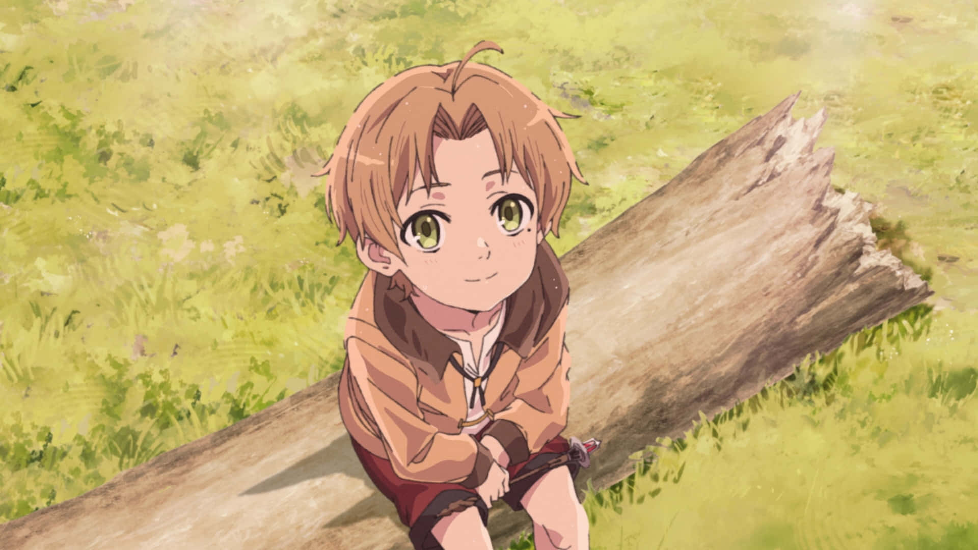 Mushoku Tensei 桌布 壁紙 — 一個開心嘅動畫男仔，綠色眼睛，坐喺陽光普照嘅草地上嘅一條倒下嘅木頭上面。