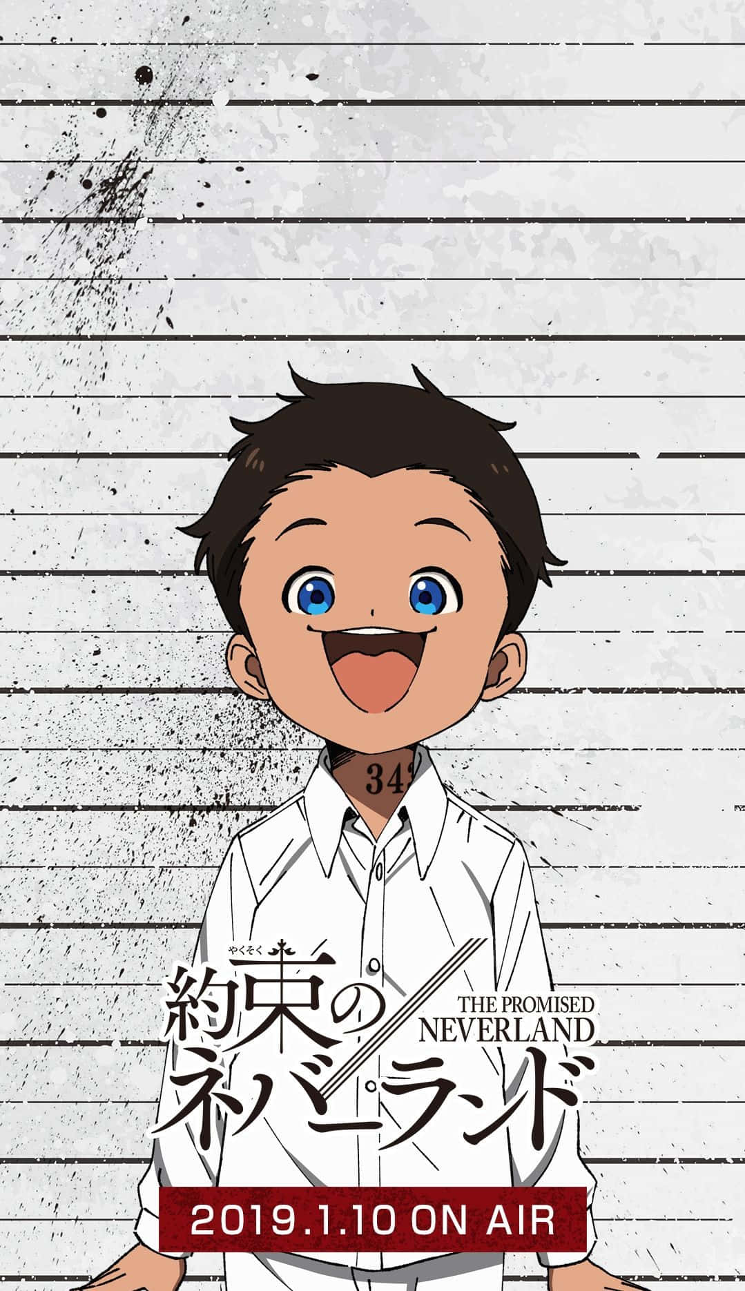 The Promised Neverland Phil 桌布 壁紙 — 一個開心嘅動畫男仔，藍色眼睛同頸部紋身，喺有線條嘅污糟背景前擺出 mugshot 風格嘅相。