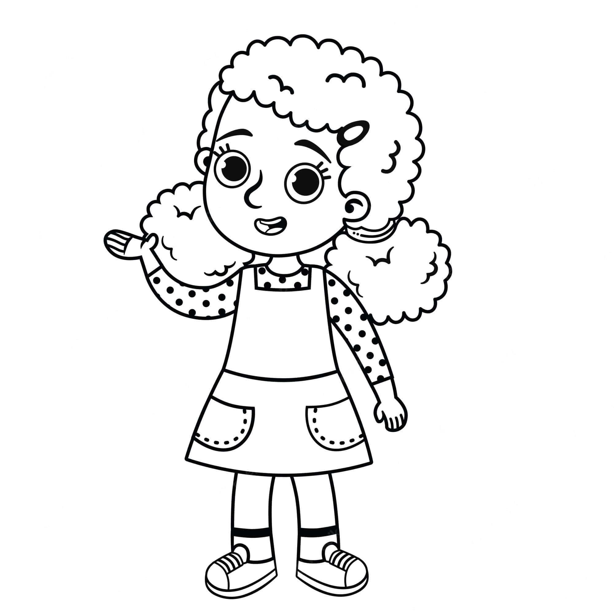 Black And White Drawings 桌布 壁紙 — 一個開心嘅卡通女仔有曲髮，喺簡單嘅黑白線條畫中開心咁揮手。