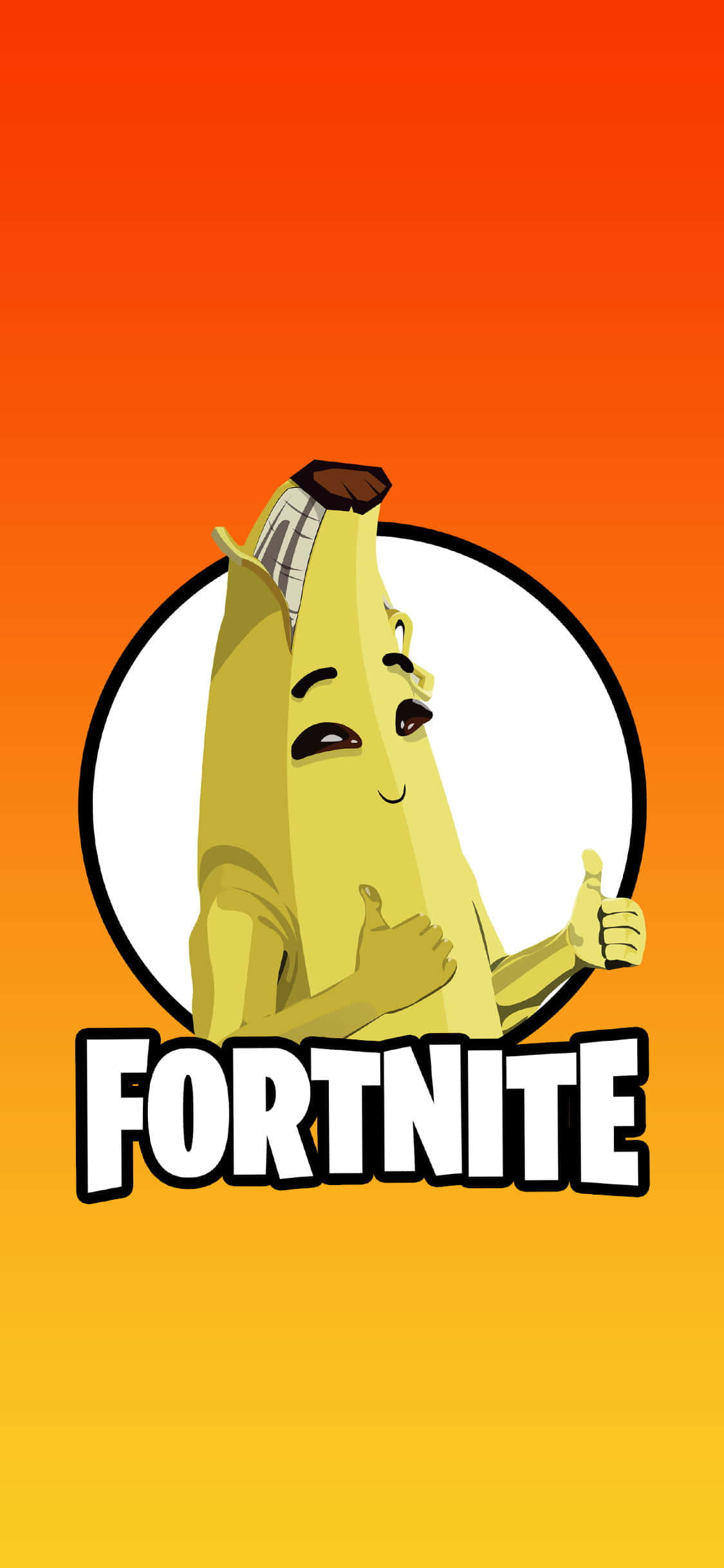 Peely Fortnite 桌布 壁紙 — 一個開心嘅卡通香蕉角色喺白色圓圈入面，喺充滿活力嘅橙色漸變背景上舉起兩個大拇指，下面有FORTNITE字樣。