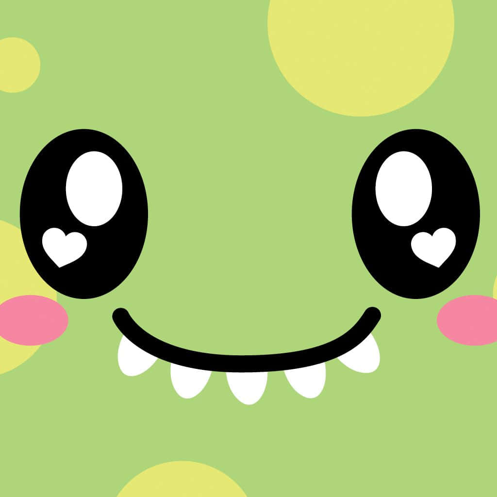 Cute Green Dinosaur 桌布 壁紙 — 一個開心嘅綠色卡通怪物，有愛心眼微笑同黃色波點，喺柔和背景上。