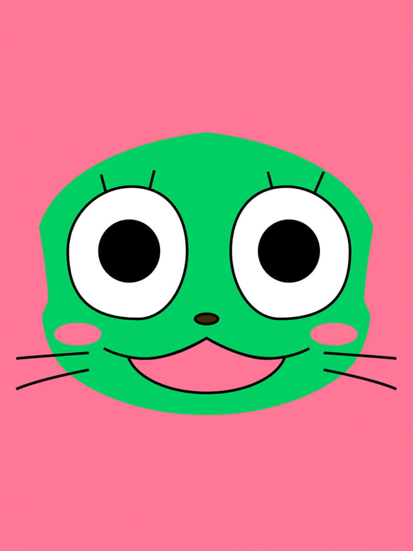 Frosch 桌布 壁紙 — 一個開心嘅綠色卡通貓臉，有大眼睛同粉紅色面頰，喺純粉紅色背景上微笑。