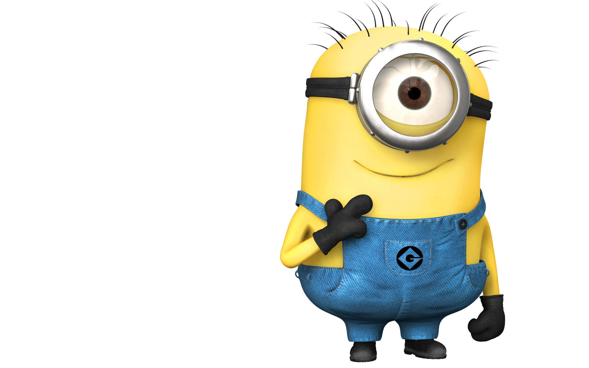 迷你兵團 桌布 壁紙 — 一個開心嘅黃色Minion，有一隻大眼同藍色工人褲，企喺白色背景前面。