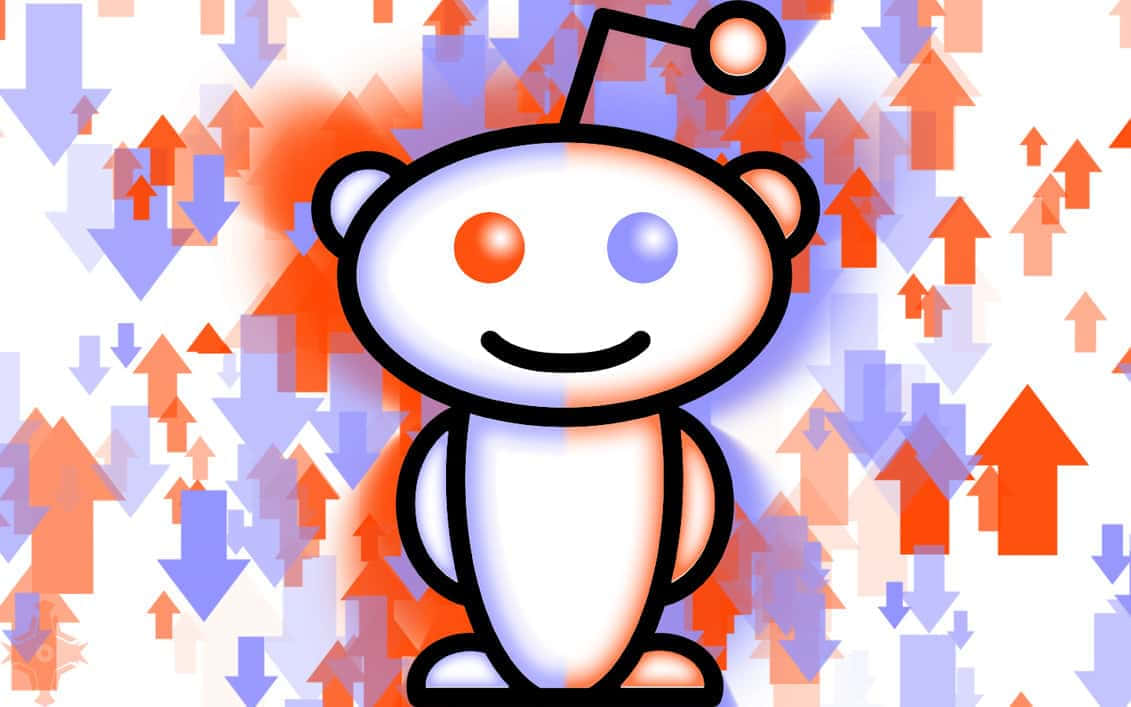 reddit 桌布 壁紙 — 一個開心的 Reddit 外星人吉祥物站在一個由紅色和藍色箭頭指向各個方向的動態背景前。