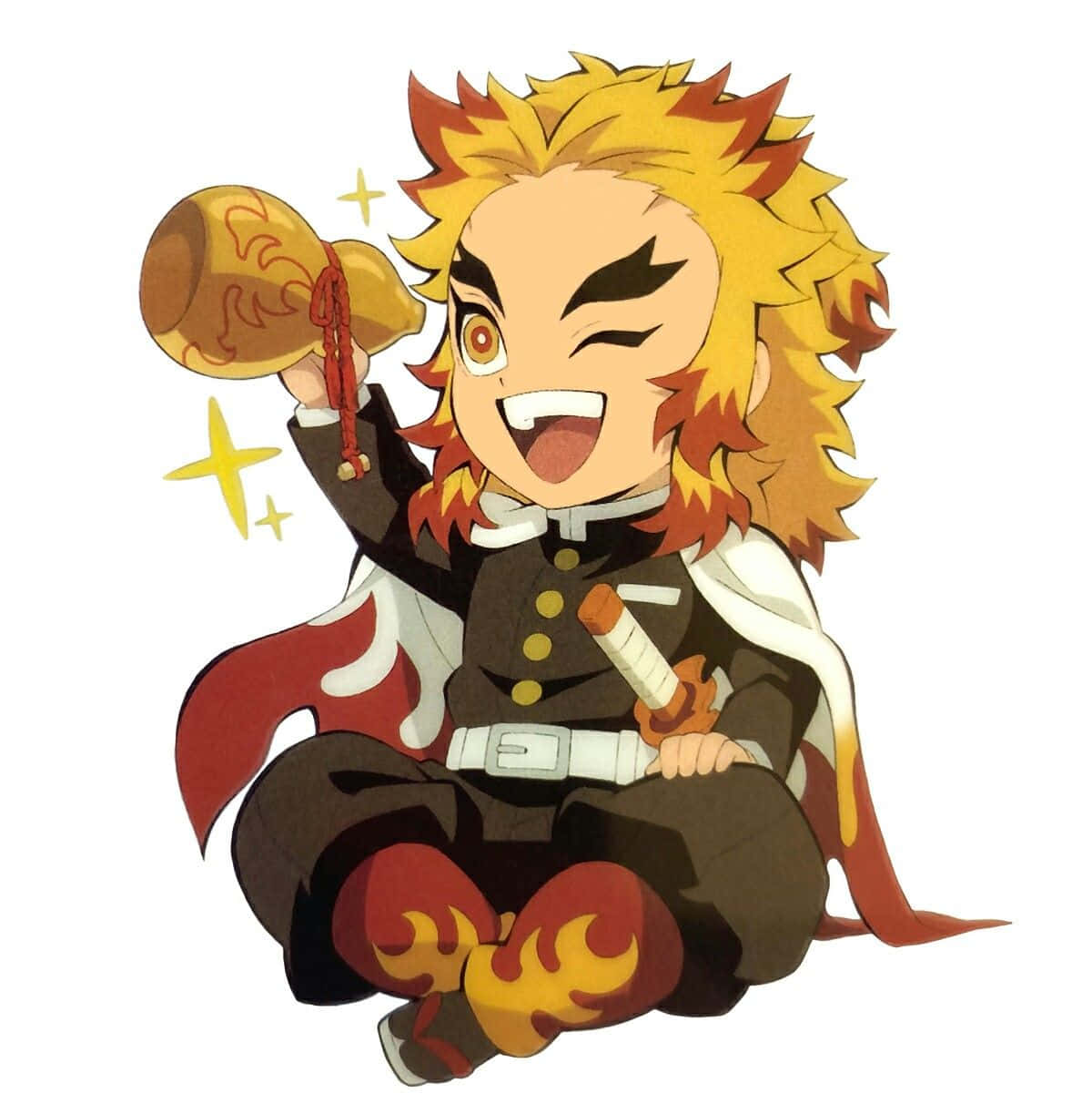 Rengoku Chibi 桌布 壁紙 — 一個開心的Q版動漫男孩，有著尖刺的黃色頭髮，坐著拿著一個發光的金色鈴鐺，周圍有閃光。