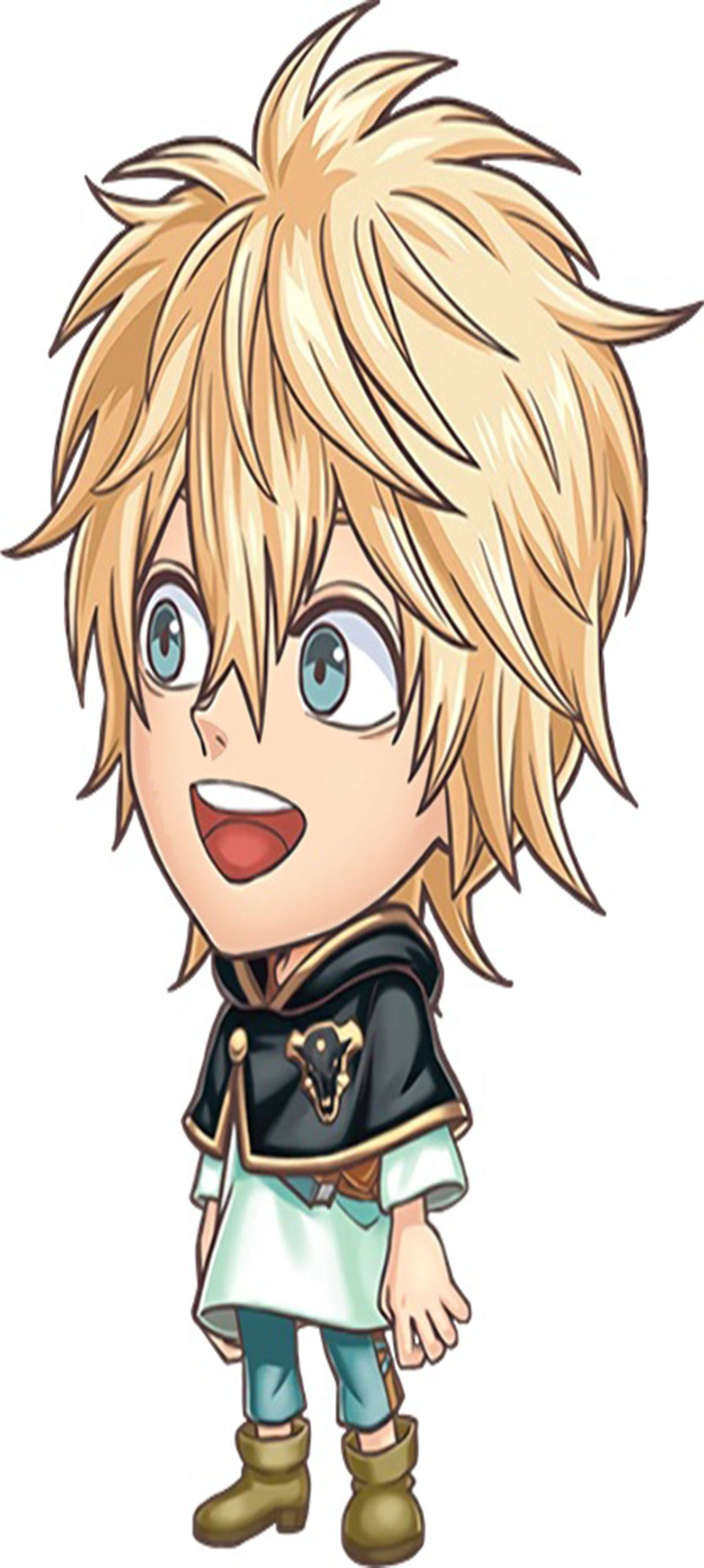 Luck Voltia Jumputi Heroes 壁紙 — 一個開心的Q版動畫男孩，有著尖刺金髮和明亮的藍眼睛，穿著黑色和金色的服裝微笑。