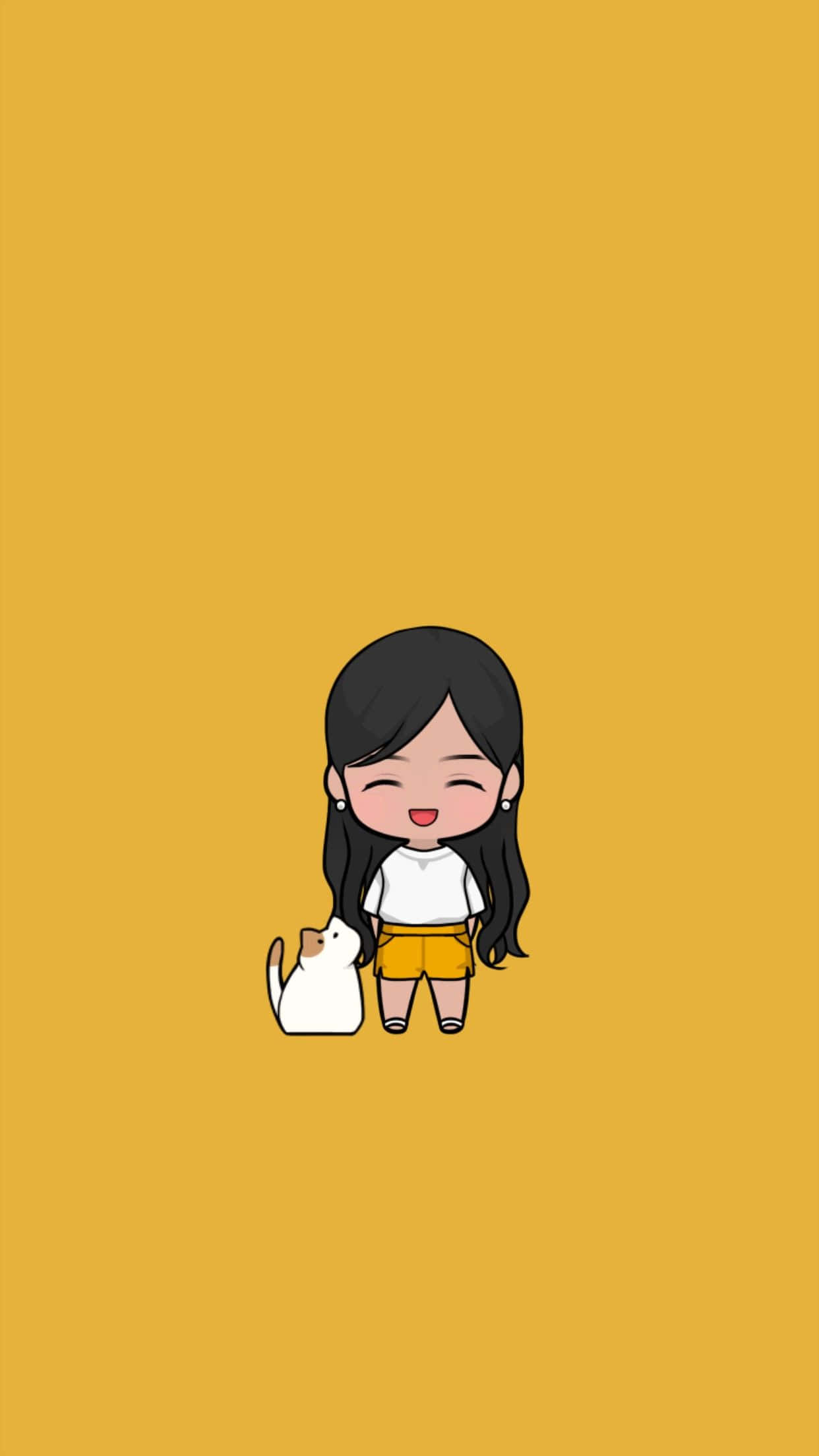 可愛卡通 桌布 壁紙 — 一個開心的Q版女孩，長長的黑髮和一隻白貓，站在純芥末黃色背景前。