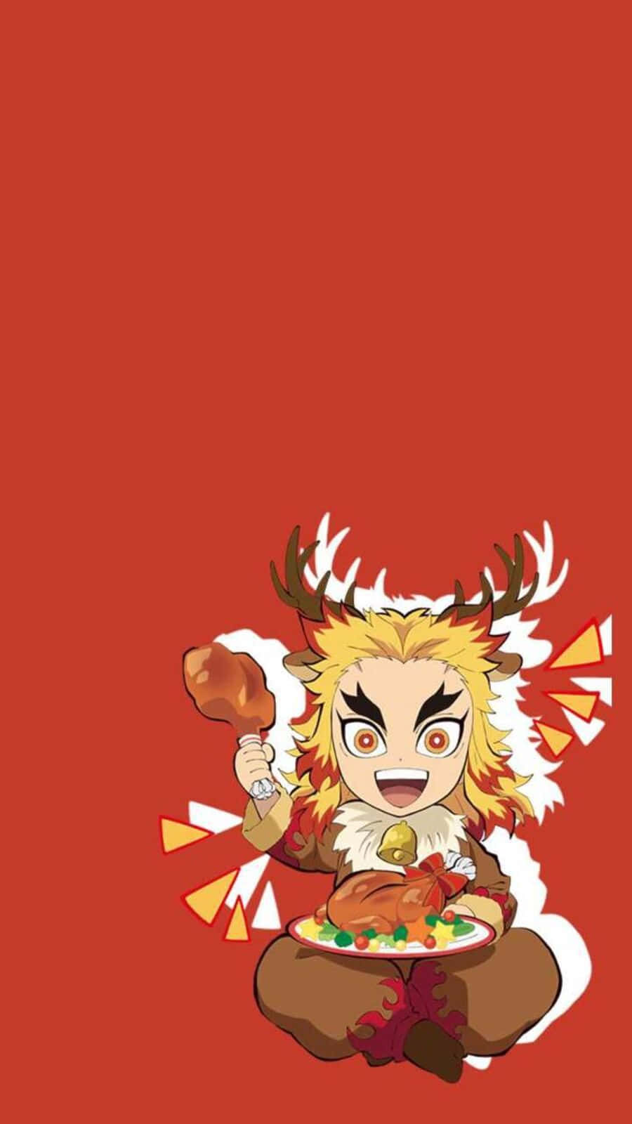 Rengoku Chibi 桌布 壁紙 — 一個開心的Q版鹿頭動漫角色，擁有火焰般的頭髮，在純紅色背景前，愉快地拿著一隻鼓棒和一個盤子上的烤火雞。