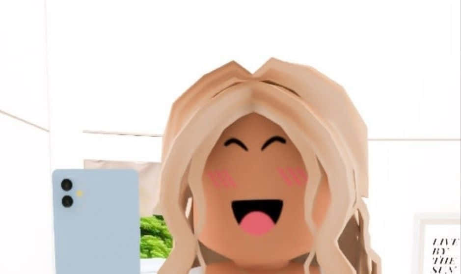 Roblox Aesthetic 桌布 壁紙 — 一個開心的Roblox頭像，金髮，在明亮的房間裡笑著拿著淺藍色智能手機。