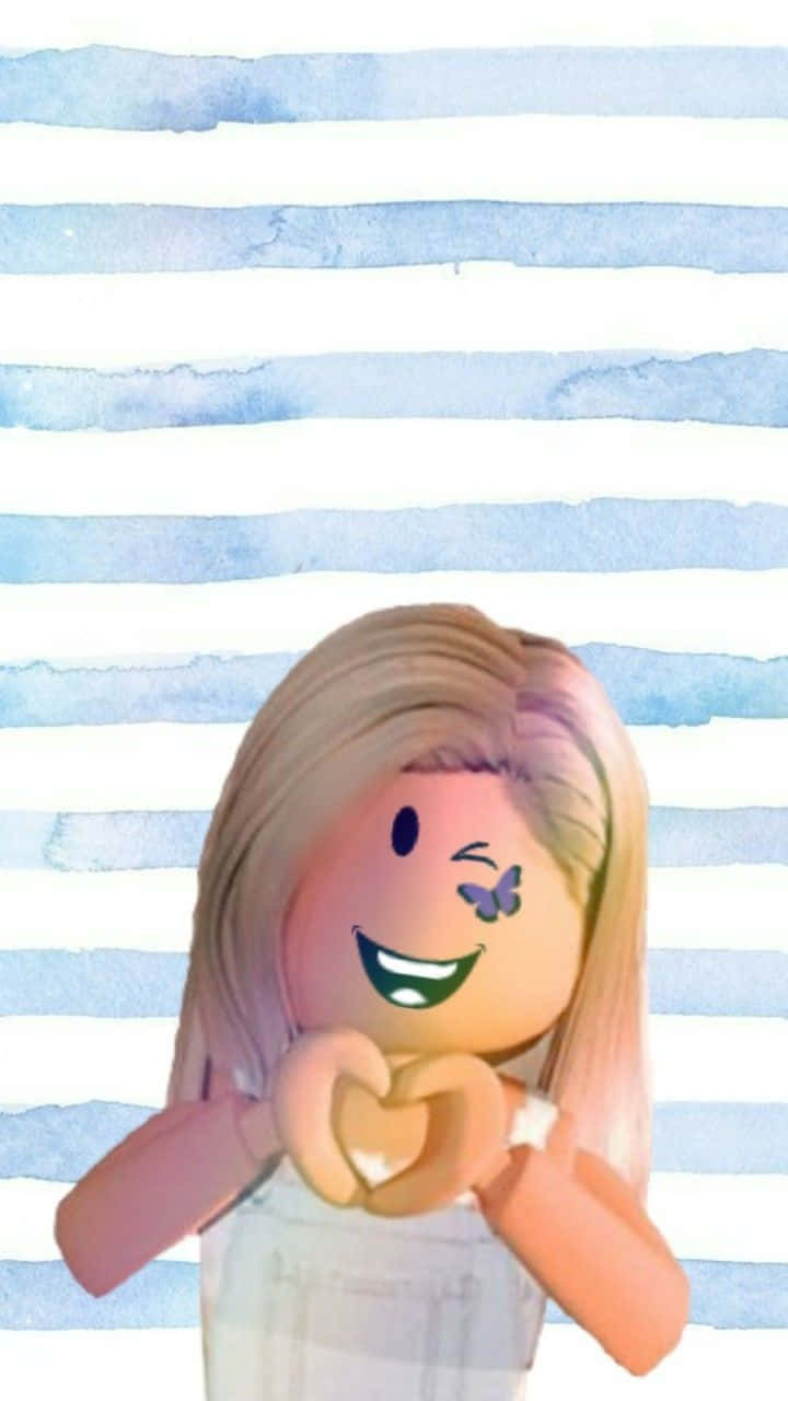 Roblox Aesthetic 桌布 壁紙 — 一個開心的Roblox頭像，金髮，臉頰上有一隻蝴蝶，在藍白水彩條紋背景前用手比出心形。