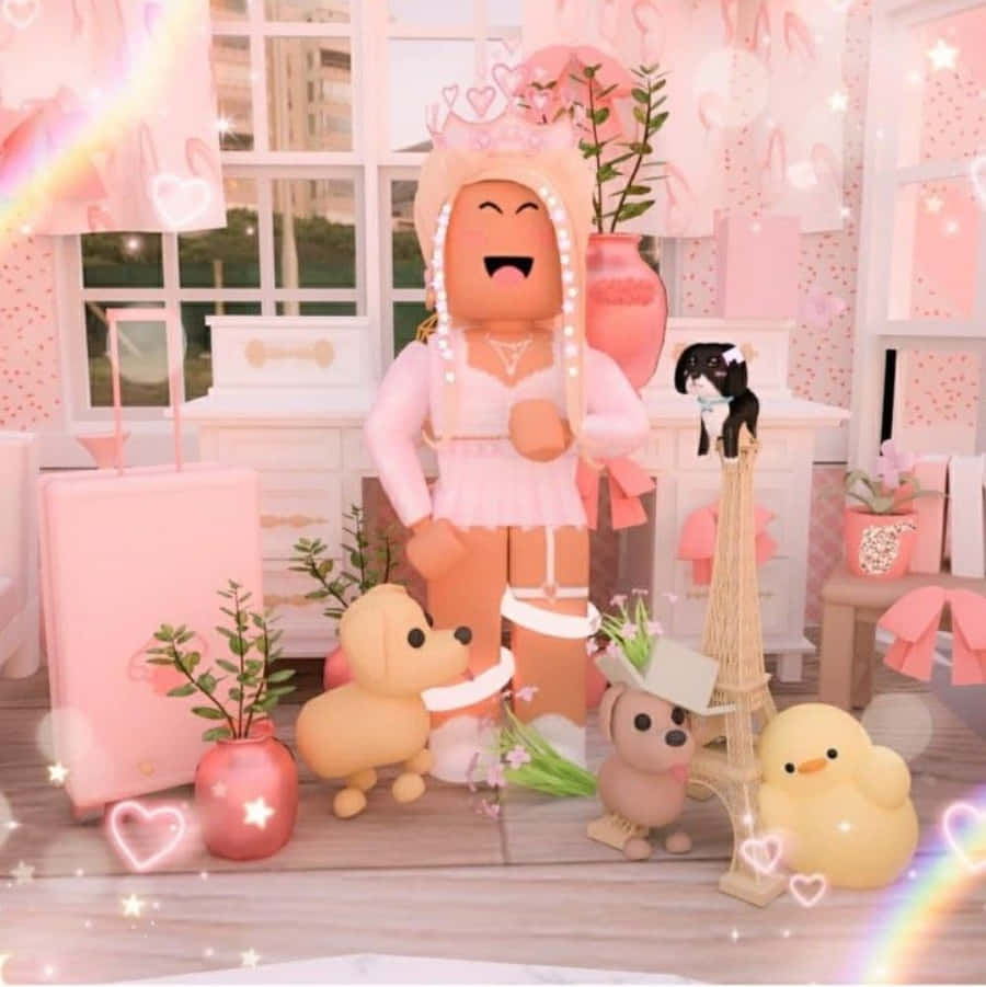 Aesthetic Roblox 桌布 壁紙 — 一個開心的Roblox頭像穿著粉紅色公主裙，站在閃閃發光的粉彩房間裡，周圍有毛絨玩具和彩虹效果。
