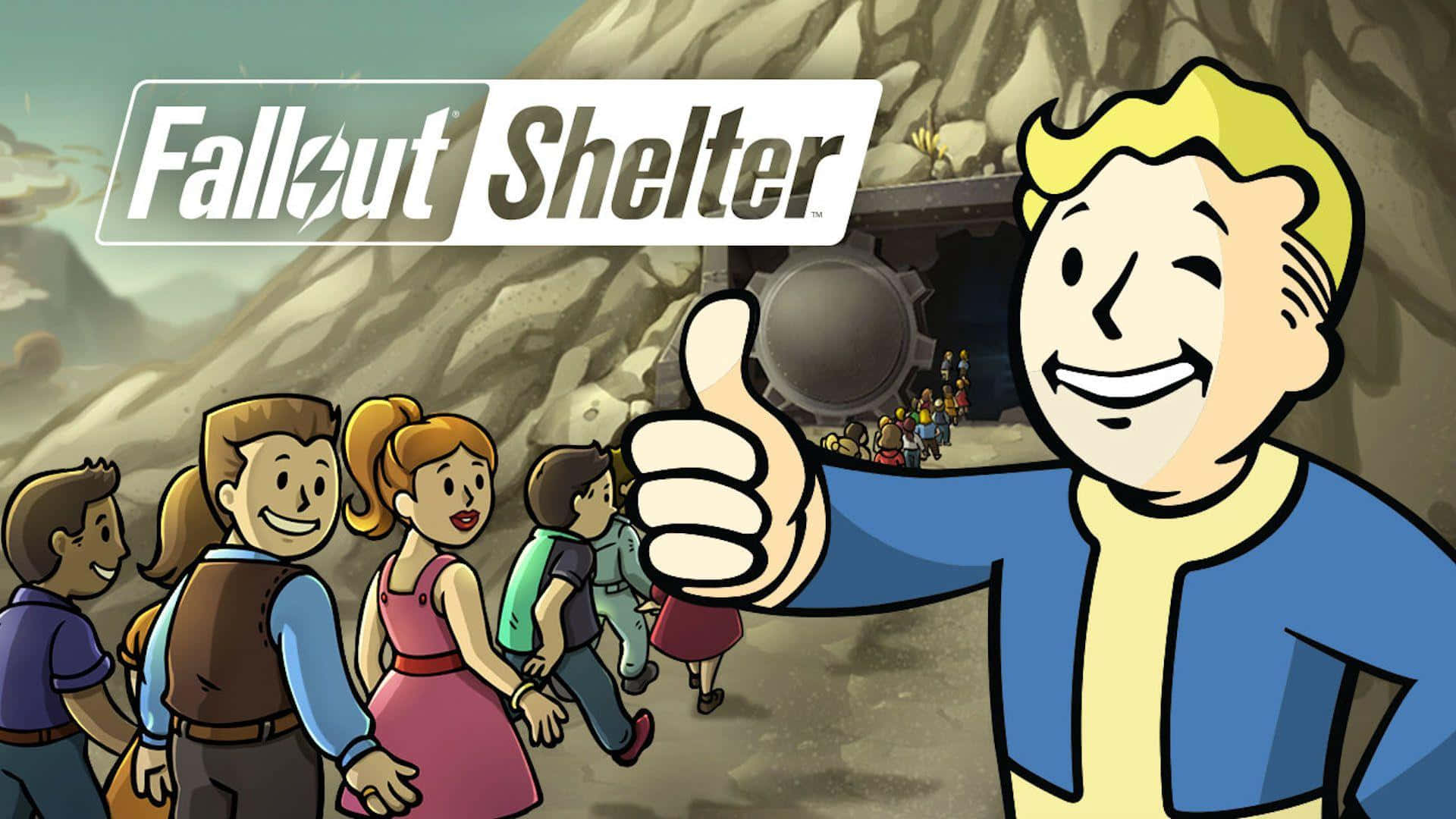 Fallout Shelter 桌布 壁紙 — 一個開心的Vault Boy豎起大拇指，家庭們走向發光的避難所入口，背景是末日後的景觀。