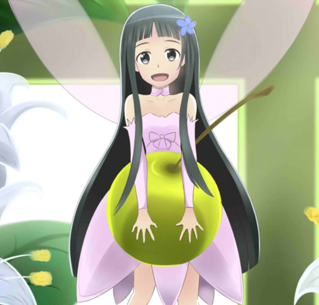 Kawaii Fruit 桌布 壁紙 — 一個開心的動漫仙子，長長的黑髮和半透明的翅膀，穿著粉紅色連衣裙，拿著一個大青蘋果。