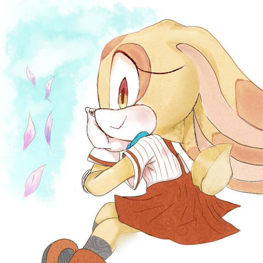 Cream The Rabbit 桌布 壁紙 — 一個開心的動漫兔女郎穿著校服，在柔和的藍天下微笑著跑過飄落的粉紅色樹葉。