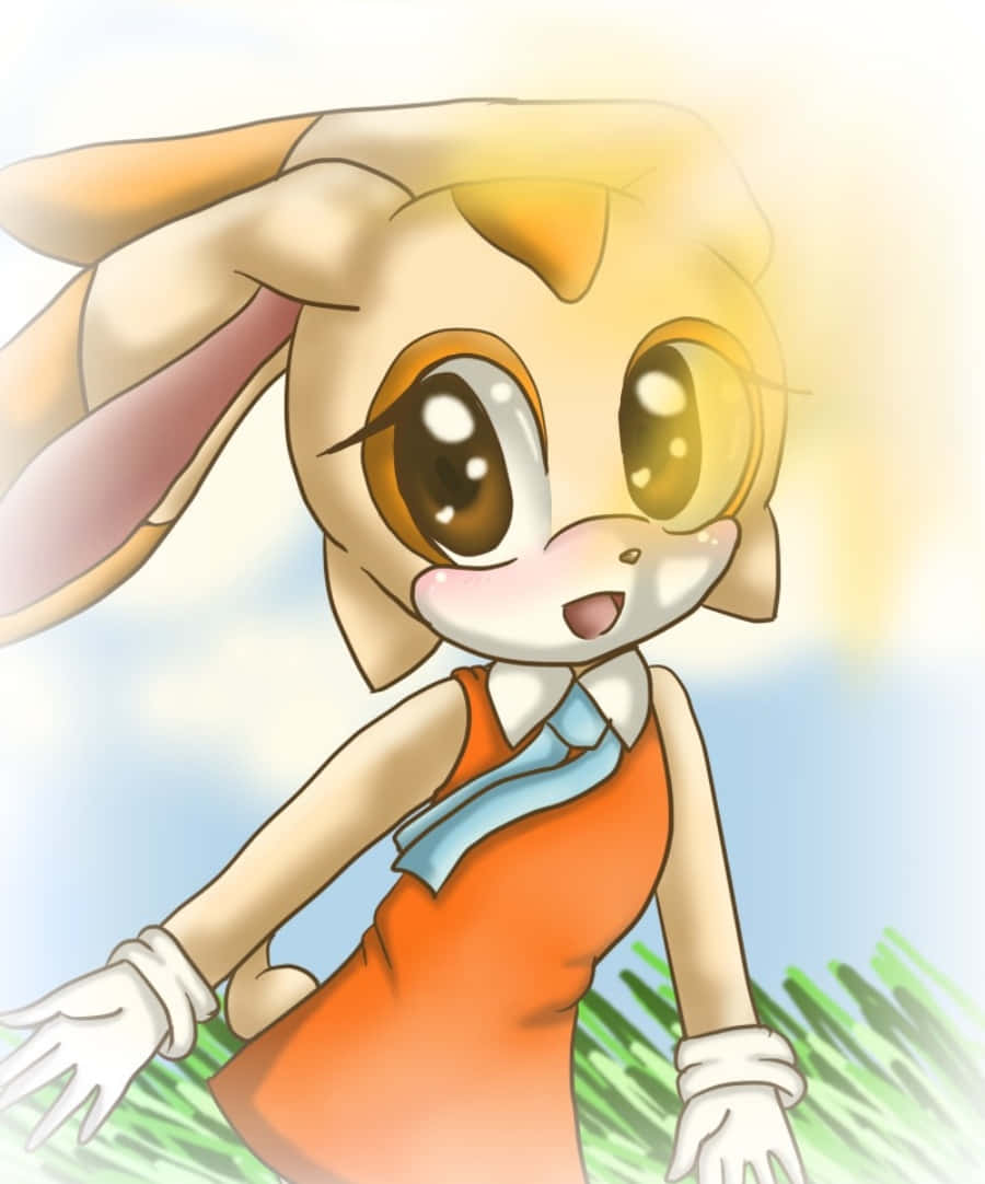 Cream The Rabbit 桌布 壁紙 — 一個開心的動漫兔女郎穿著橙色連衣裙，站在草地上，在明亮的陽光下，眼睛閃閃發光，表情幸福。