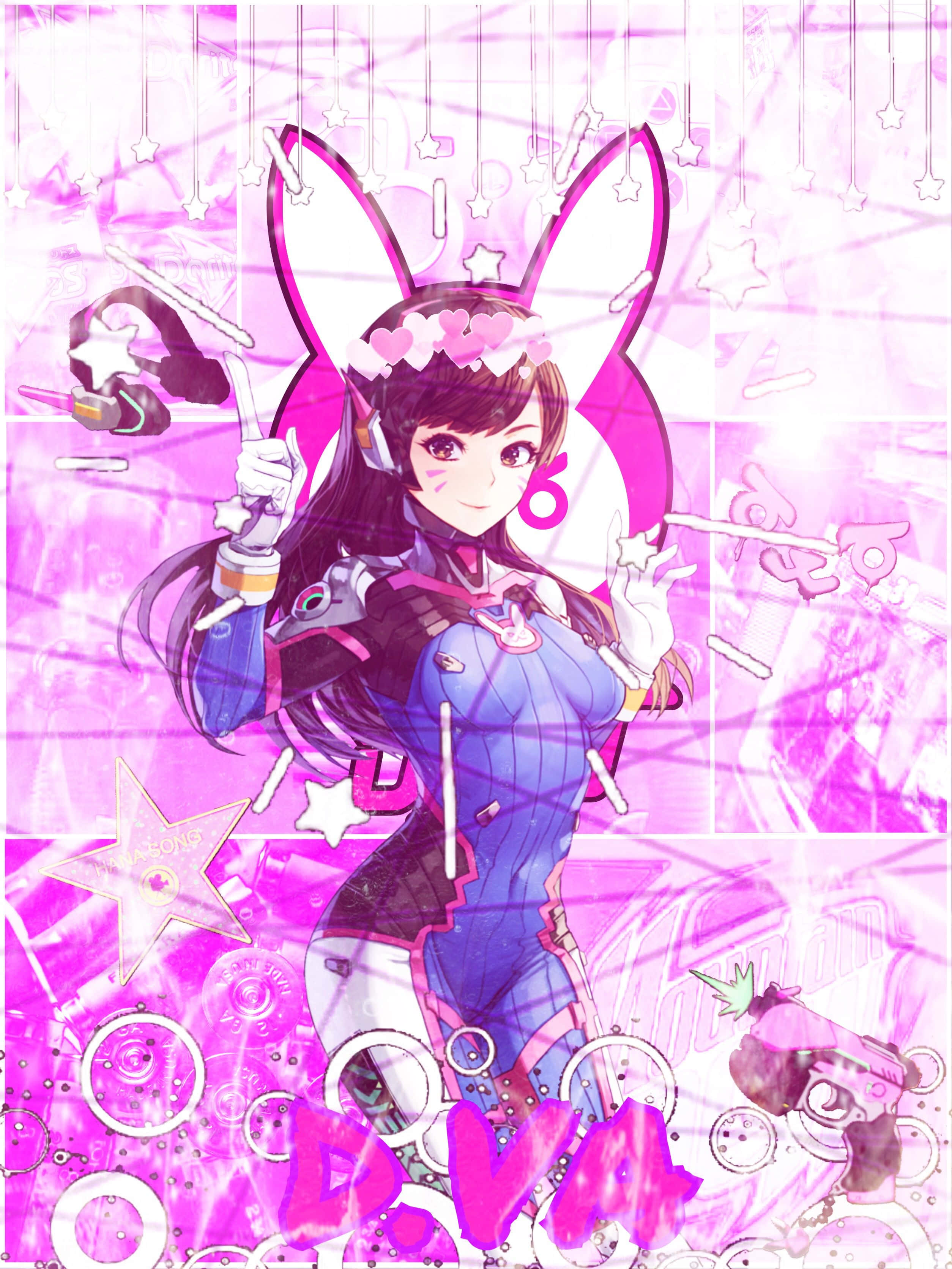 Aesthetic Overwatch 桌布 壁紙 — 一個開心的動漫女孩，戴著兔耳和粉紅色心形皇冠，在充滿活力的粉紅色星空背景下自信地擺姿勢。
