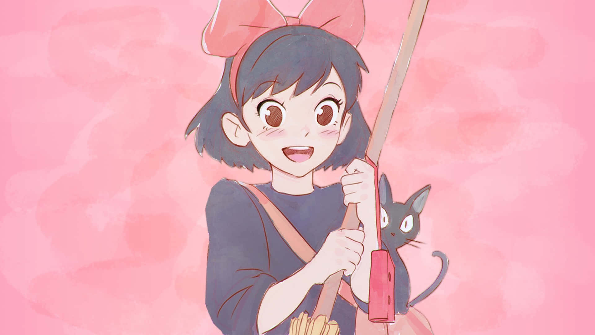 kiki's delivery service 桌布 壁紙 — 一個開心的動漫女孩，戴著粉紅色蝴蝶結，拿著掃帚，一隻黑貓從她肩膀後面探出頭來，背景是柔和的粉紅色水彩。