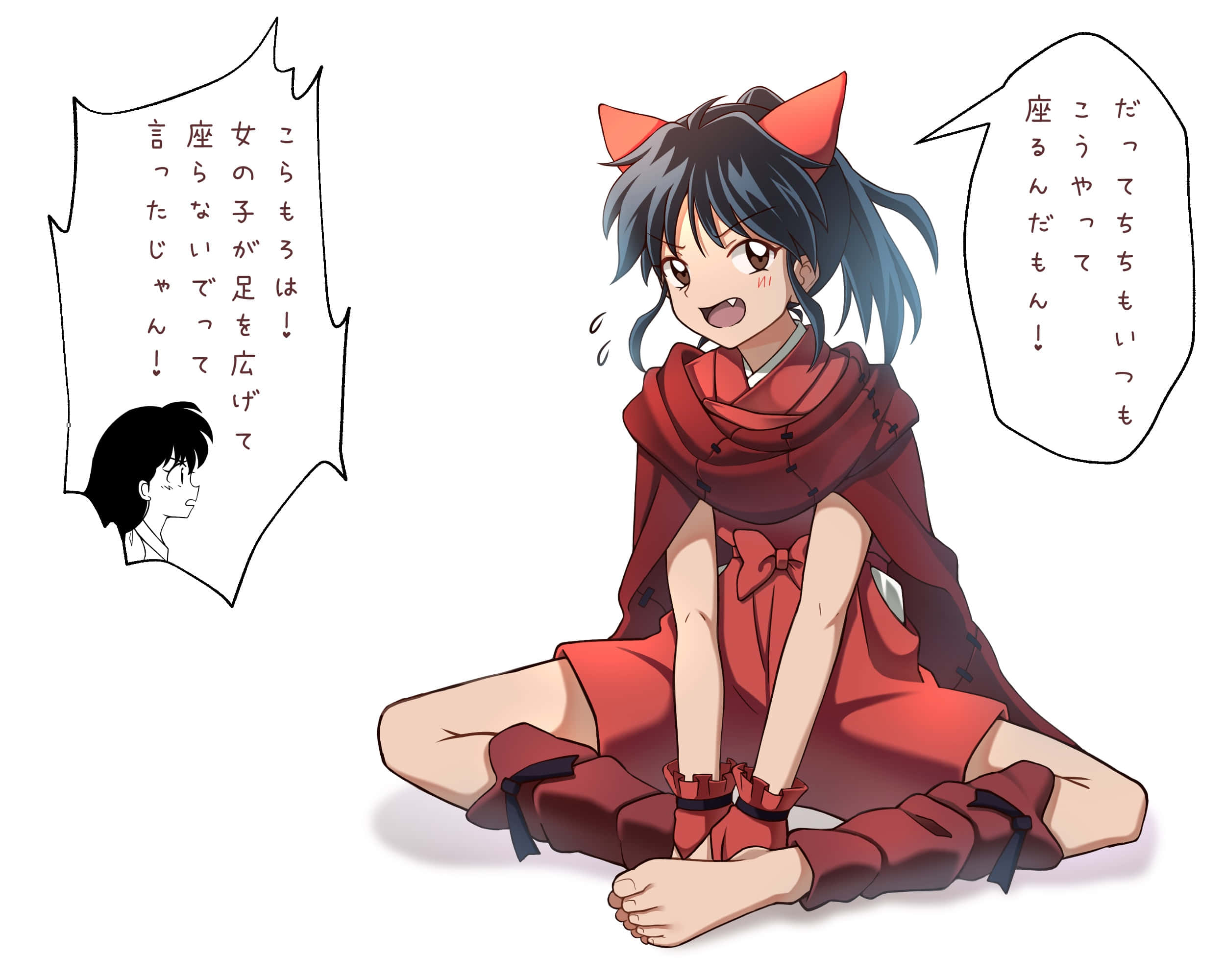 Setsuna 桌布 壁紙 — 一個開心的動漫女孩，戴著紅色貓耳，穿著紅色服裝，盤腿而坐，同時在對話氣泡中與一個較小的角色交談。