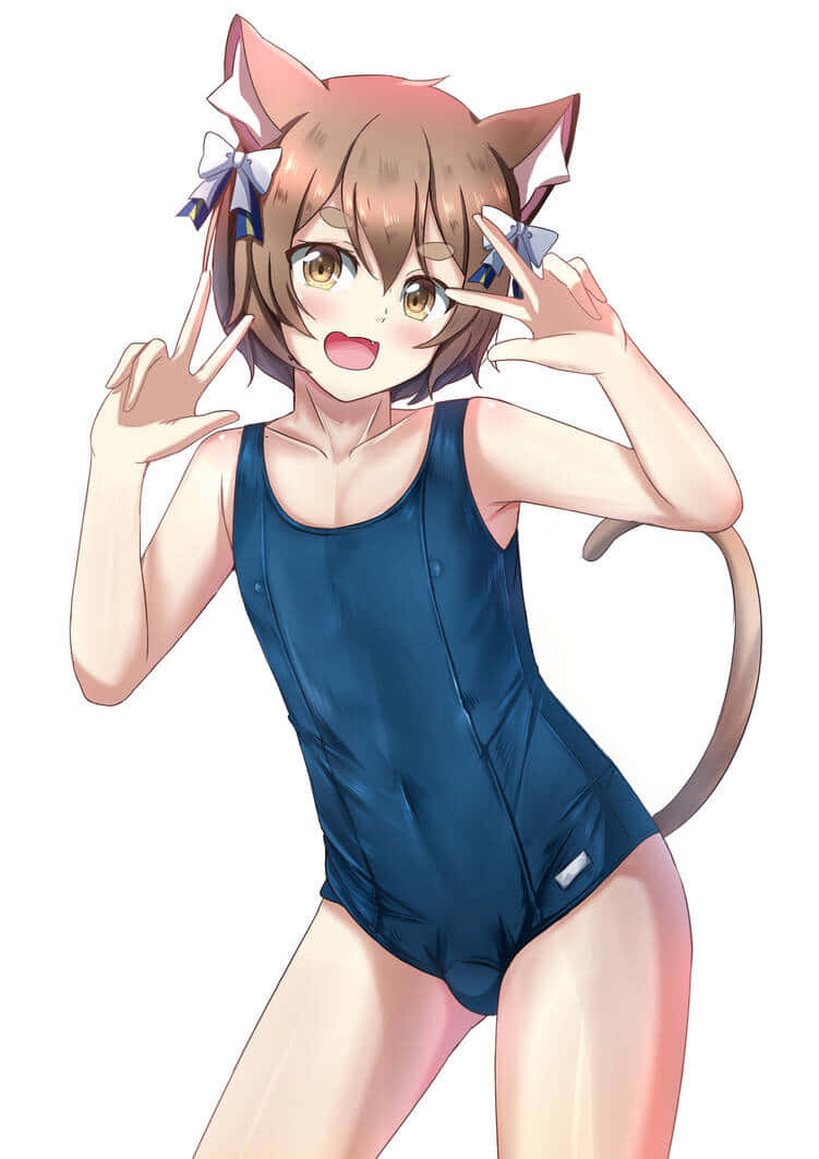 Felix Argyle 桌布 壁紙 — 一個開心的動漫女孩，戴著貓耳和尾巴，穿著藍色泳衣，在純白背景前擺出俏皮的姿勢。