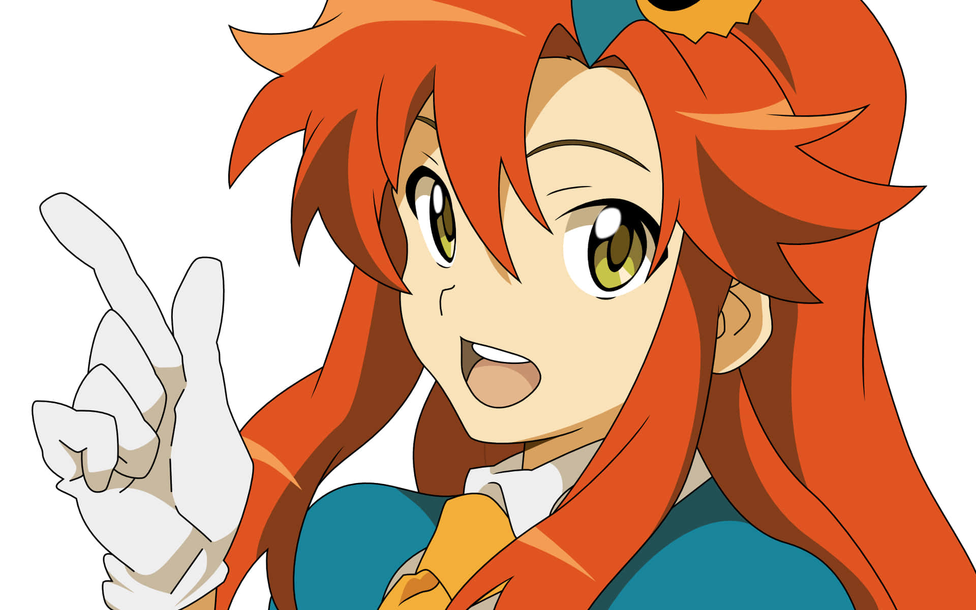 yoko littner 桌布 壁紙 — 一個開心的動漫女孩，擁有火橙色頭髮和綠色眼睛，穿著藍色服裝興奮地指著。