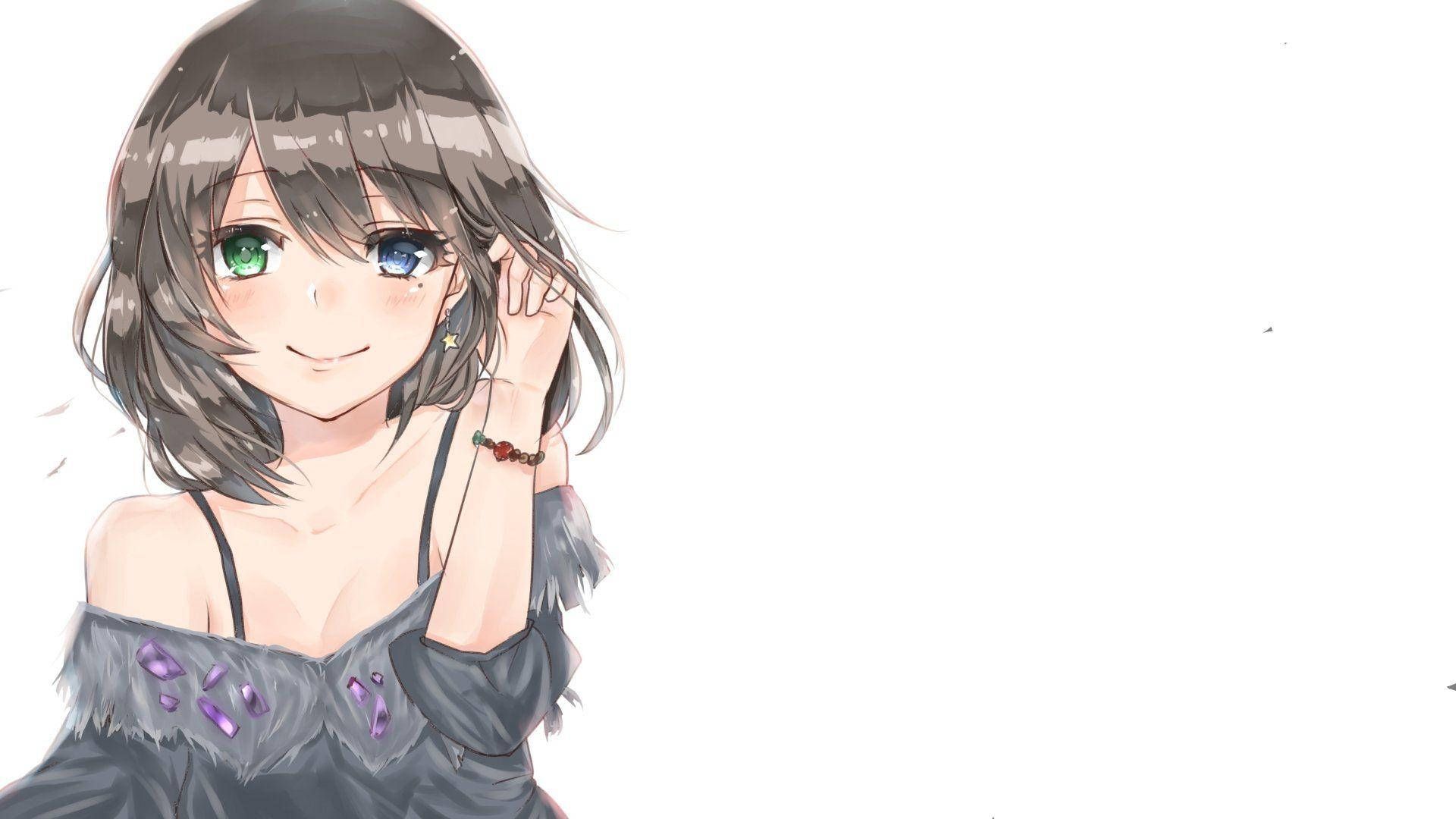 Cute Girl 桌布 壁紙 — 一個開心的動漫女孩，擁有異色瞳和灰色頭髮，在純白背景上微笑著觸摸耳朵。
