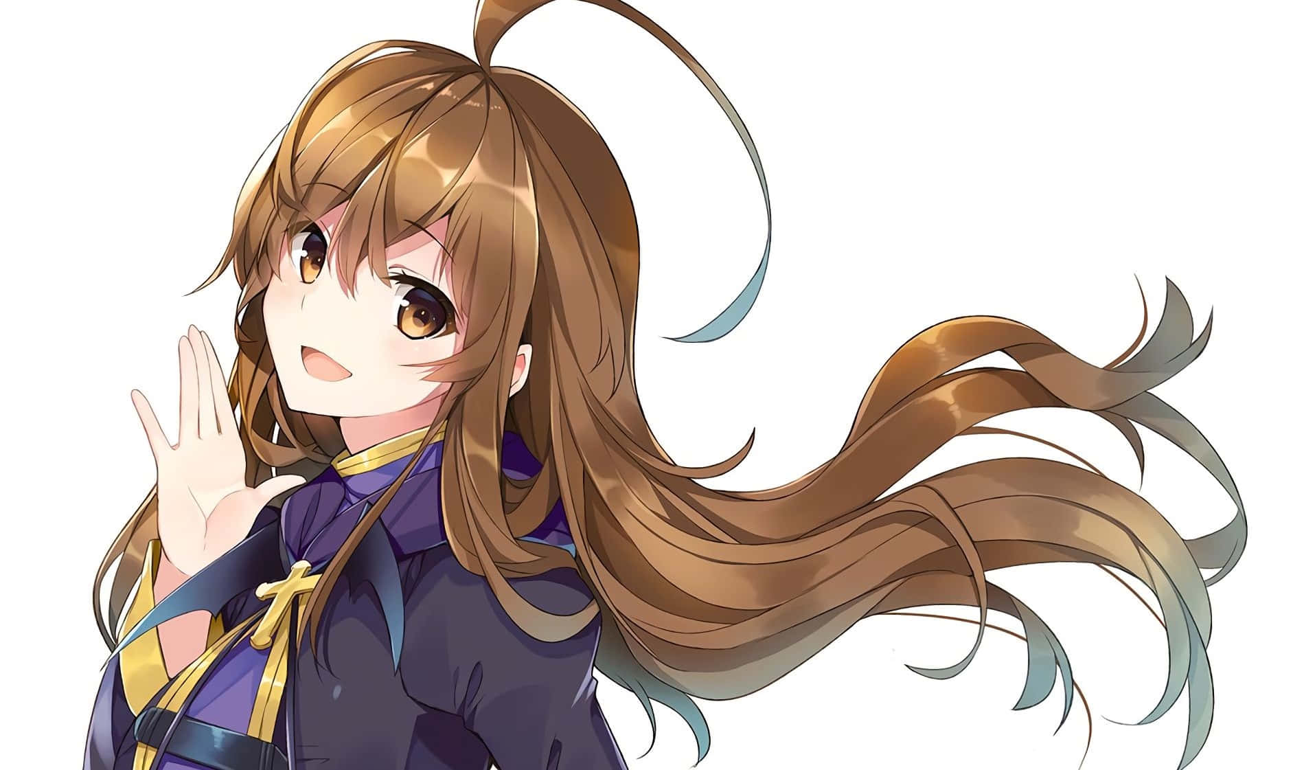 Konosuba God's Blessing On This Wonderful World 桌布 壁紙 — 一個開心的動漫女孩，擁有飄逸的棕色頭髮，在純白色背景前快樂地揮手。