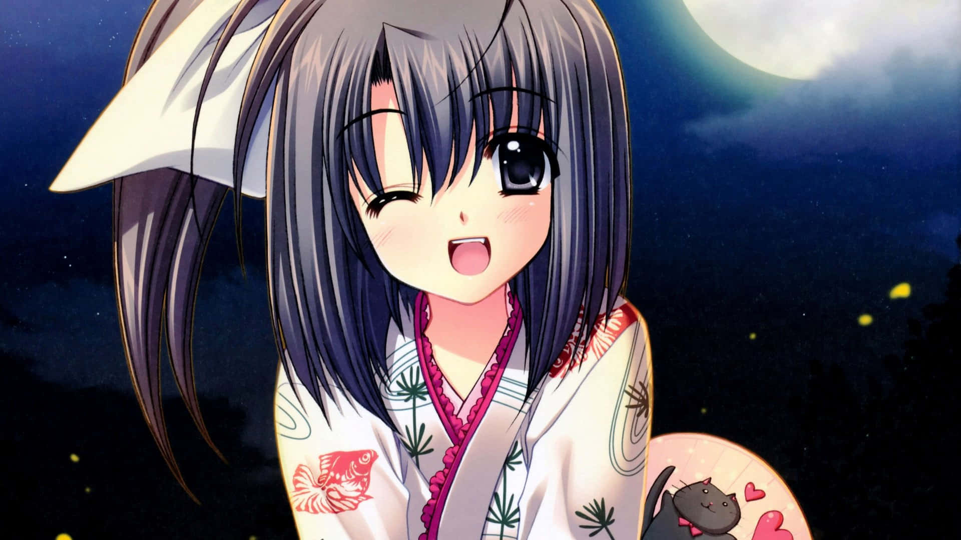 靚靚動畫 桌布 壁紙 — 一個開心的動漫女孩，有狐狸耳朵和穿著和服，在滿月下對著星空微笑。