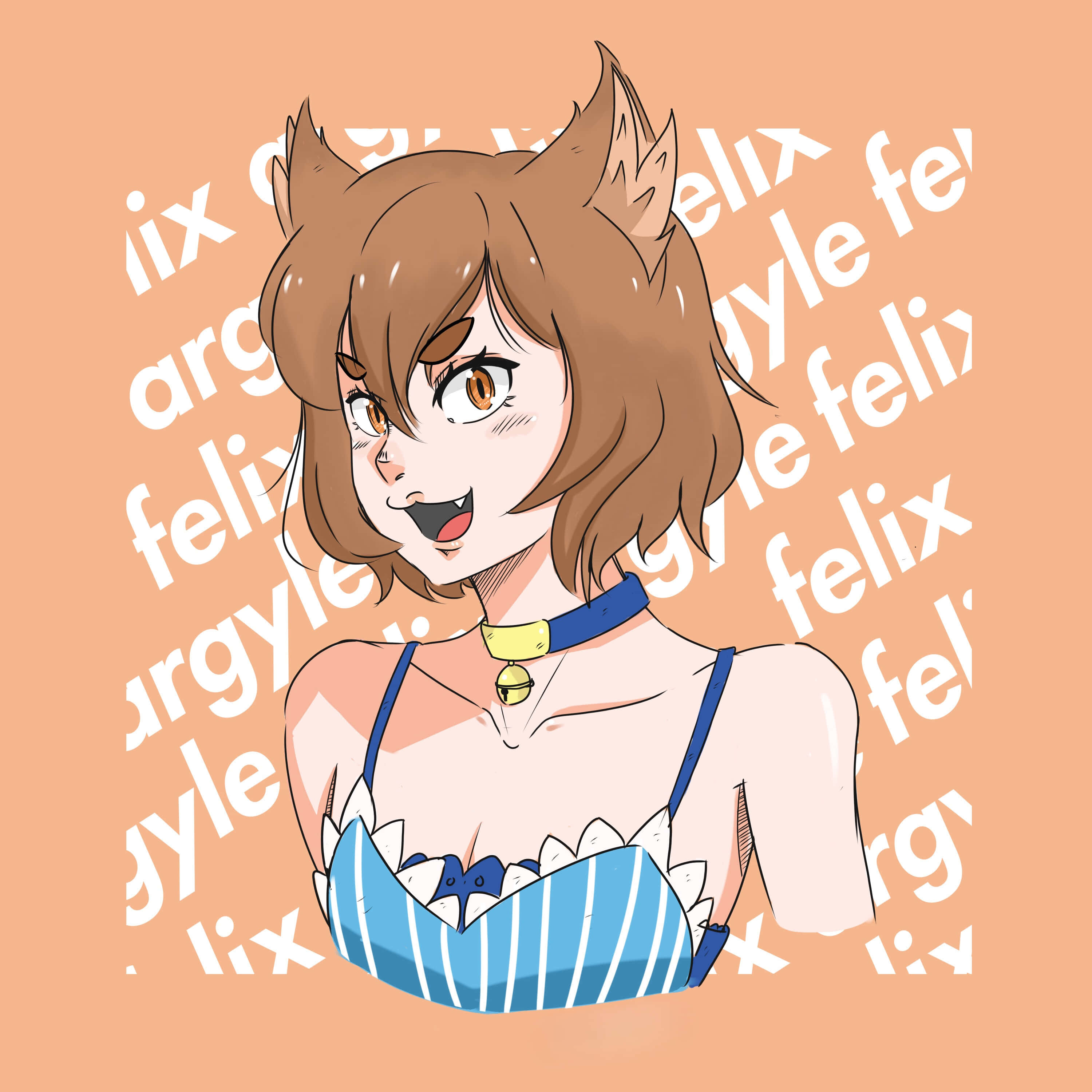 Felix Argyle 桌布 壁紙 — 一個開心的動漫女孩，有著棕色的狼耳朵和藍色條紋上衣，在帶有重複白色文字的桃色背景上微笑。