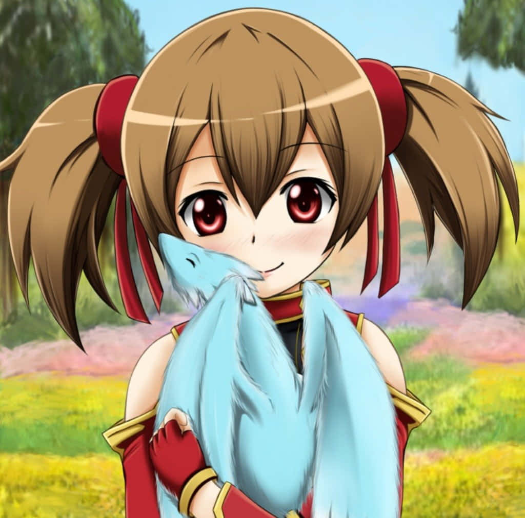 Sword Art Online Silica 桌布 壁紙 — 一個開心的動漫女孩，棕色雙馬尾和紅色眼睛，在充滿活力的草地上擁抱一隻毛茸茸的藍色狐狸。