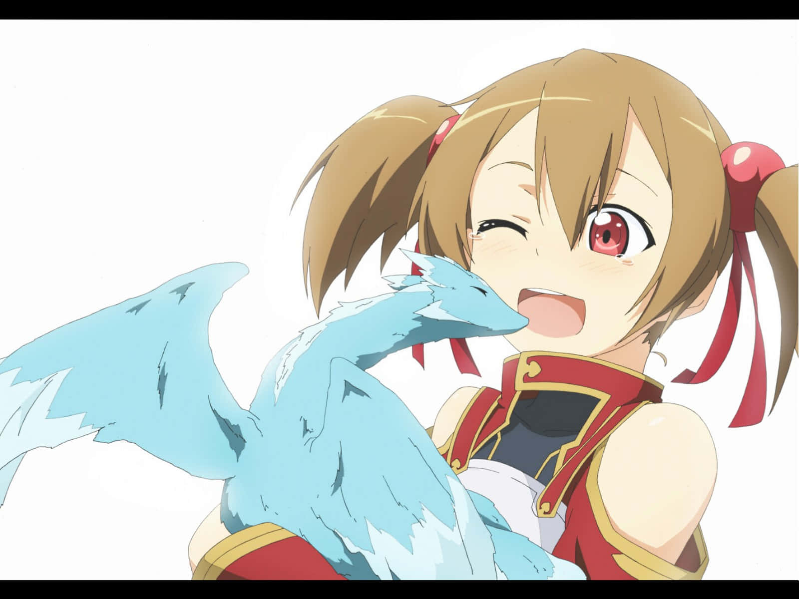 Sword Art Online Silica 桌布 壁紙 — 一個開心的動漫女孩，棕色雙馬尾和紅色眼睛，在純白背景前擁抱一隻藍色小龍。