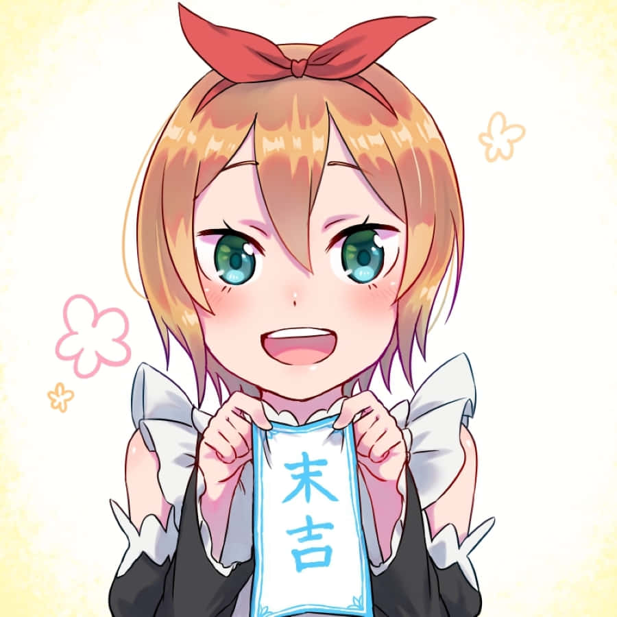 Petra Leyte 桌布 壁紙 — 一個開心的動漫女孩，橙色頭髮和綠色眼睛，在柔和的黃色背景前舉起一個帶有日文字符的牌子。