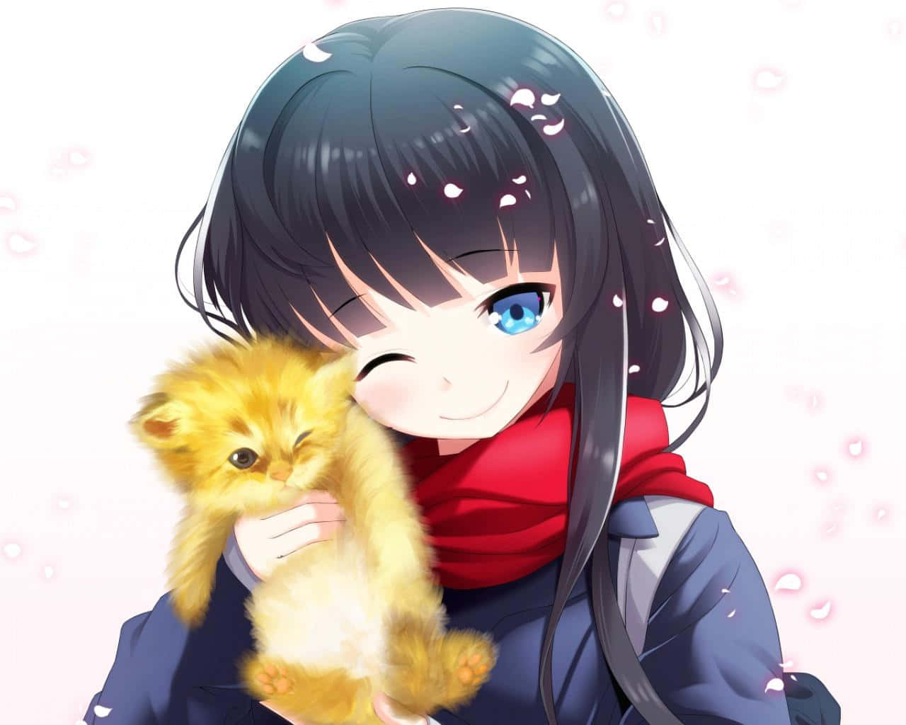 Japanese Culture 桌布 壁紙 — 一個開心的動漫女孩，深色頭髮和藍色眼睛，在柔和的粉紅色背景上抱著一隻毛茸茸的橙色小貓，周圍有飄浮的花瓣。