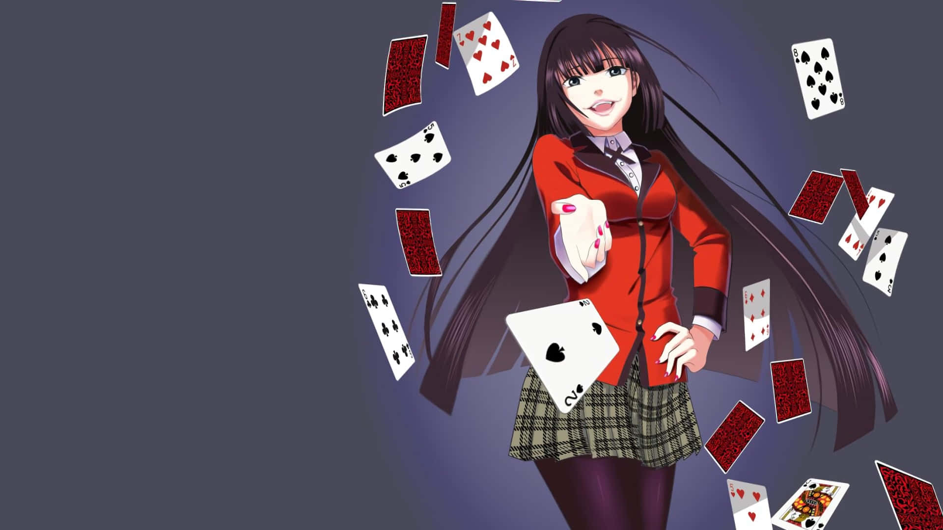 Kakegurui 桌布 壁紙 — 一個開心的動漫女孩，穿著紅色西裝外套和格子裙，手持一張撲克牌，其他牌在她周圍漂浮，背景是深色。