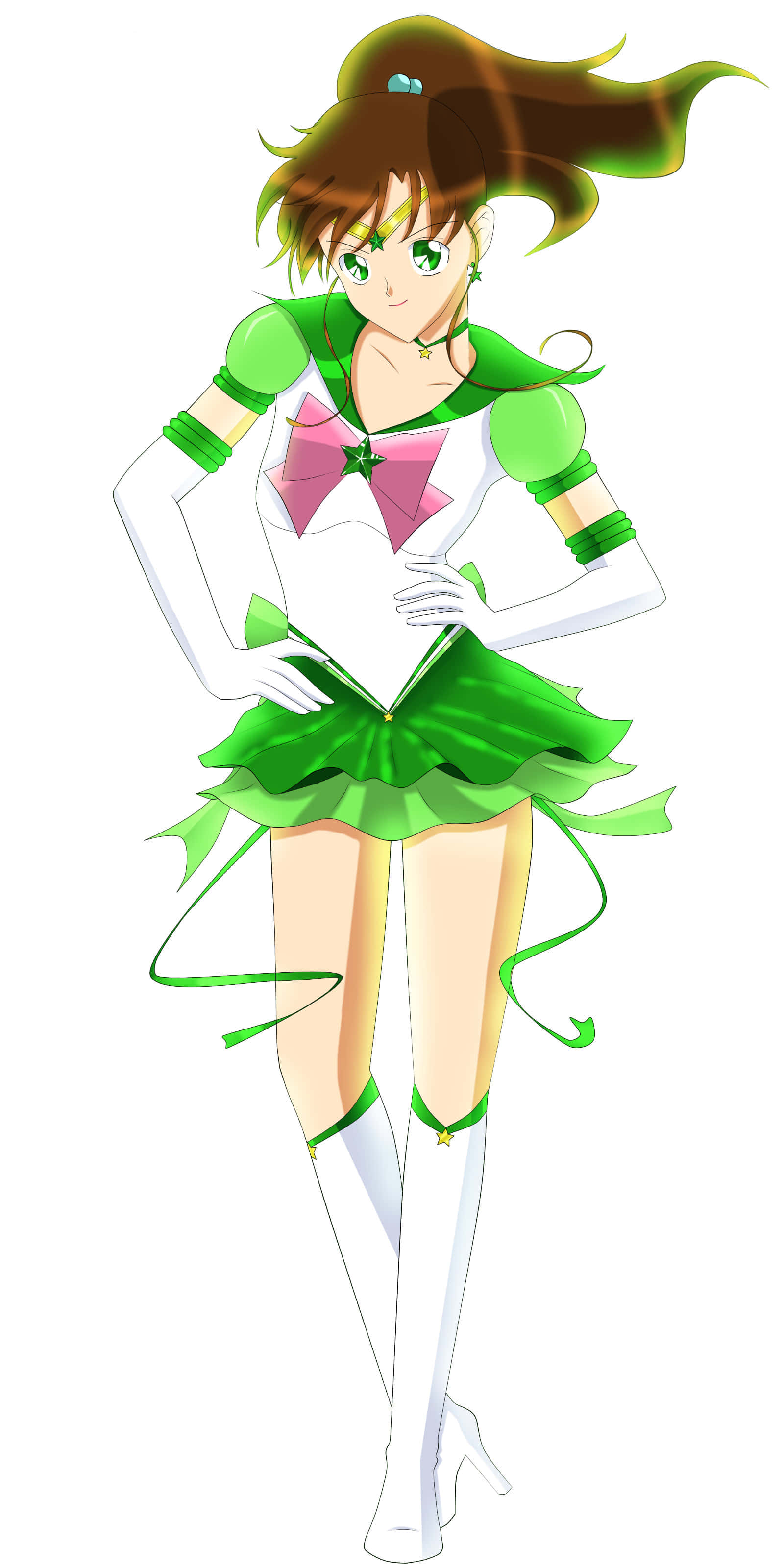sailor jupiter 桌布 壁紙 — 一個開心的動漫女孩，穿著綠色和白色的水手服，繫著粉紅色蝴蝶結，自信地站在純白色背景前。