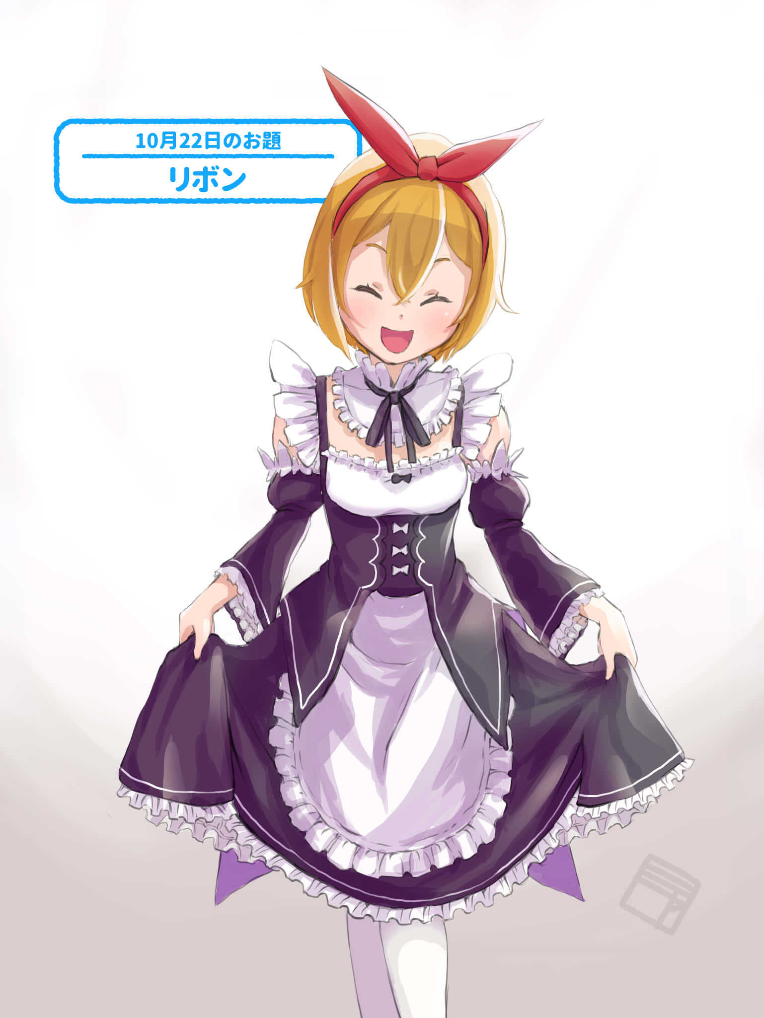Petra Leyte 桌布 壁紙 — 一個開心的動漫女孩，穿著黑白女僕裝，繫著紅色蝴蝶結，在純色背景前燦爛微笑。