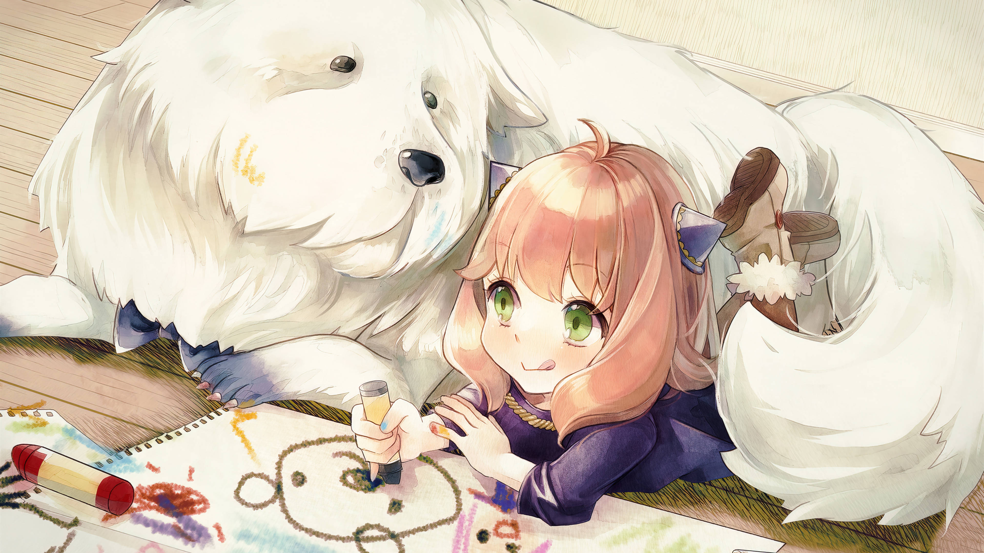anime cuddle 桌布 壁紙 — 一個開心的動漫女孩，粉紅色頭髮，在木地板上，旁邊有一隻大型白色毛茸茸的狗，正在紙上畫畫。