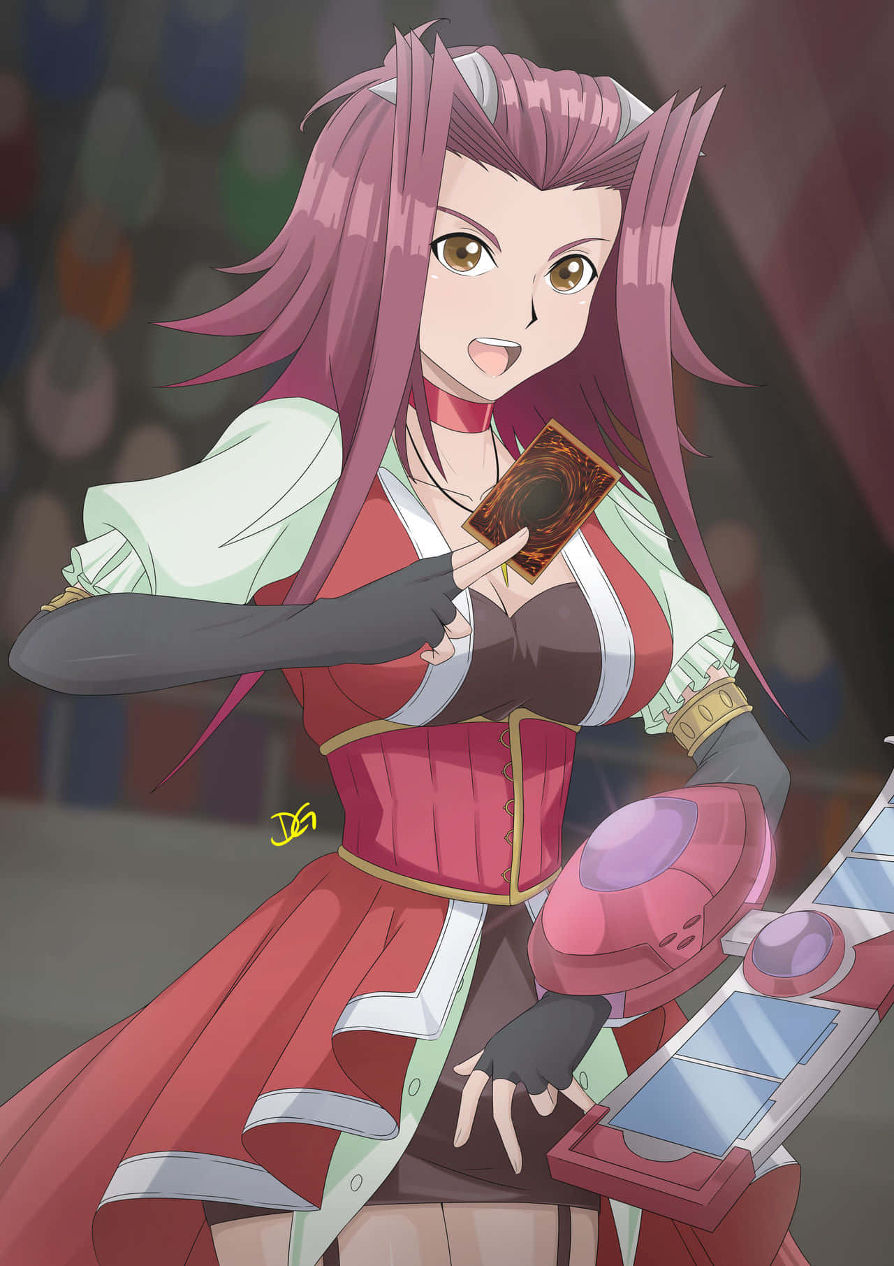 Akiza Izinski 桌布 壁紙 — 一個開心的動漫女孩，粉紅色頭髮，拿著一張卡和一個未來風格的裝置，在一個充滿活力、風格化的場景中。