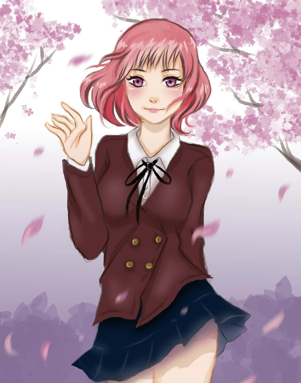Minori Kushieda 桌布 壁紙 — 一個開心的動漫女孩，粉紅色頭髮，在盛開的櫻花樹下揮手，花瓣在她周圍飄落。