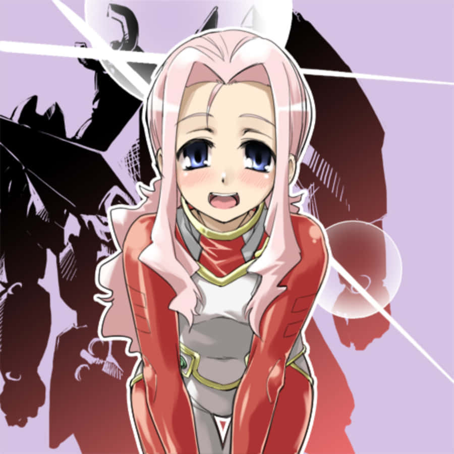 Darry Adai 桌布 壁紙 — 一個開心的動漫女孩，粉紅色頭髮和藍色眼睛，穿著紅色和銀色服裝，在帶有機械剪影的風格化紫色背景前微笑。