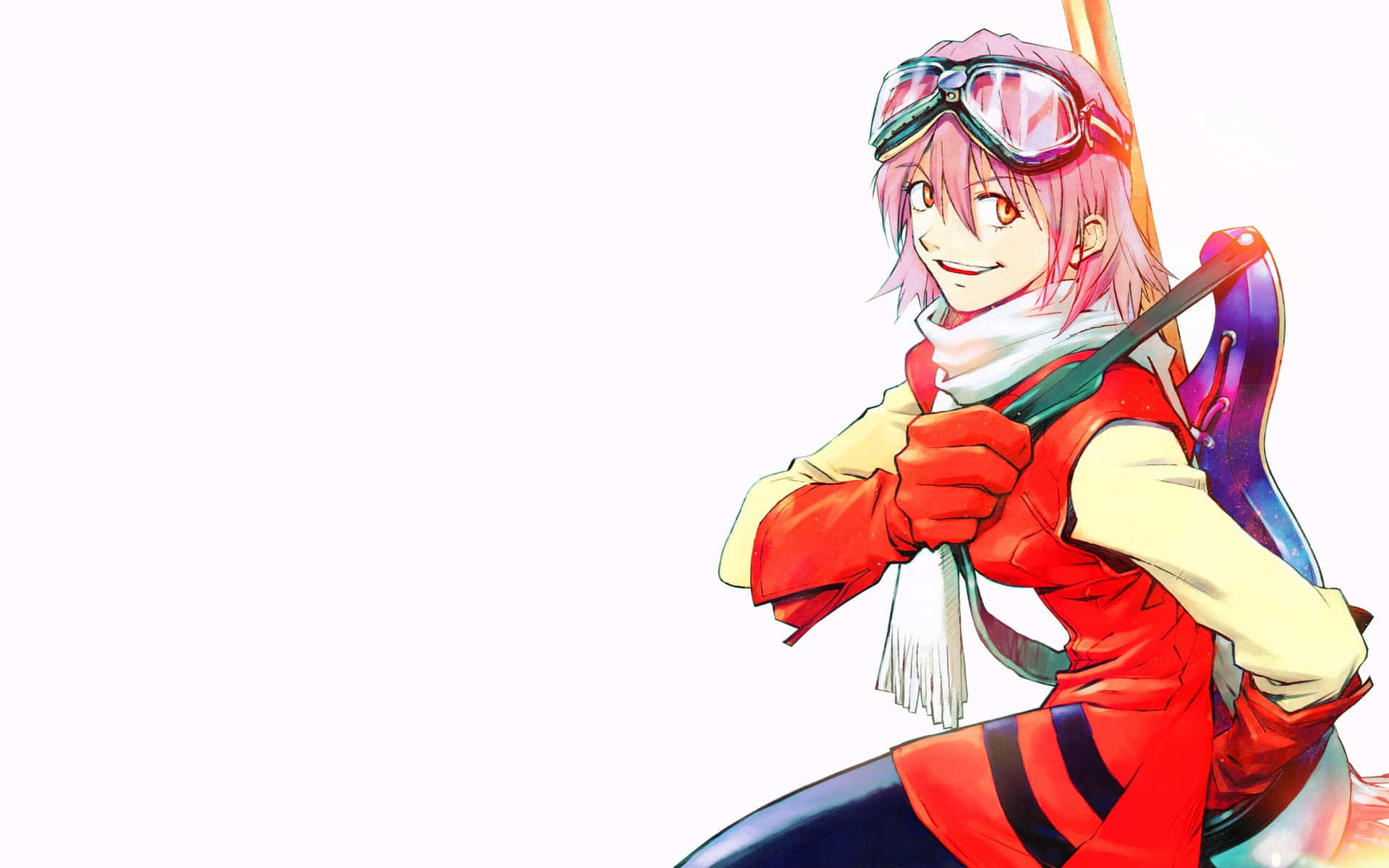 Haruko Haruhara 桌布 壁紙 — 一個開心的動漫女孩，粉紅色頭髮和護目鏡，微笑著拿著一把色彩繽紛的結他，背景是純白色。